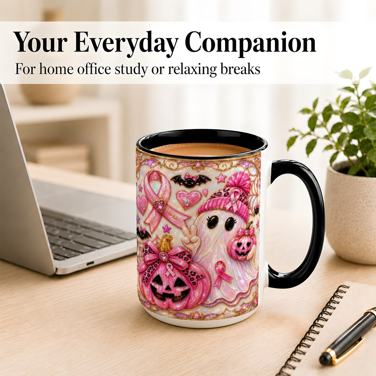 #pl[15oz|Black] Pink Ribbon Ghost Coffee Mug, Halloween Awareness Mug, Ceramic Cup