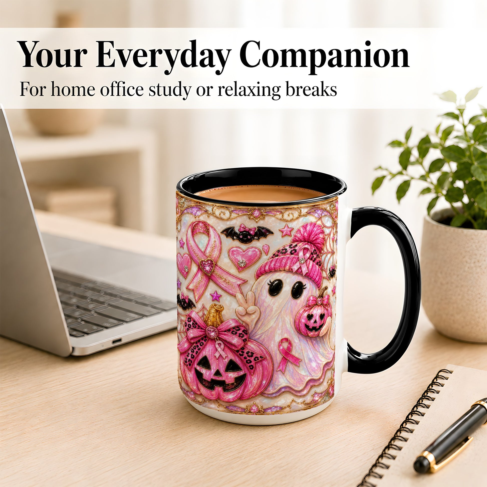 #pl[15oz|Black] Pink Ribbon Ghost Coffee Mug, Halloween Awareness Mug, Ceramic Cup