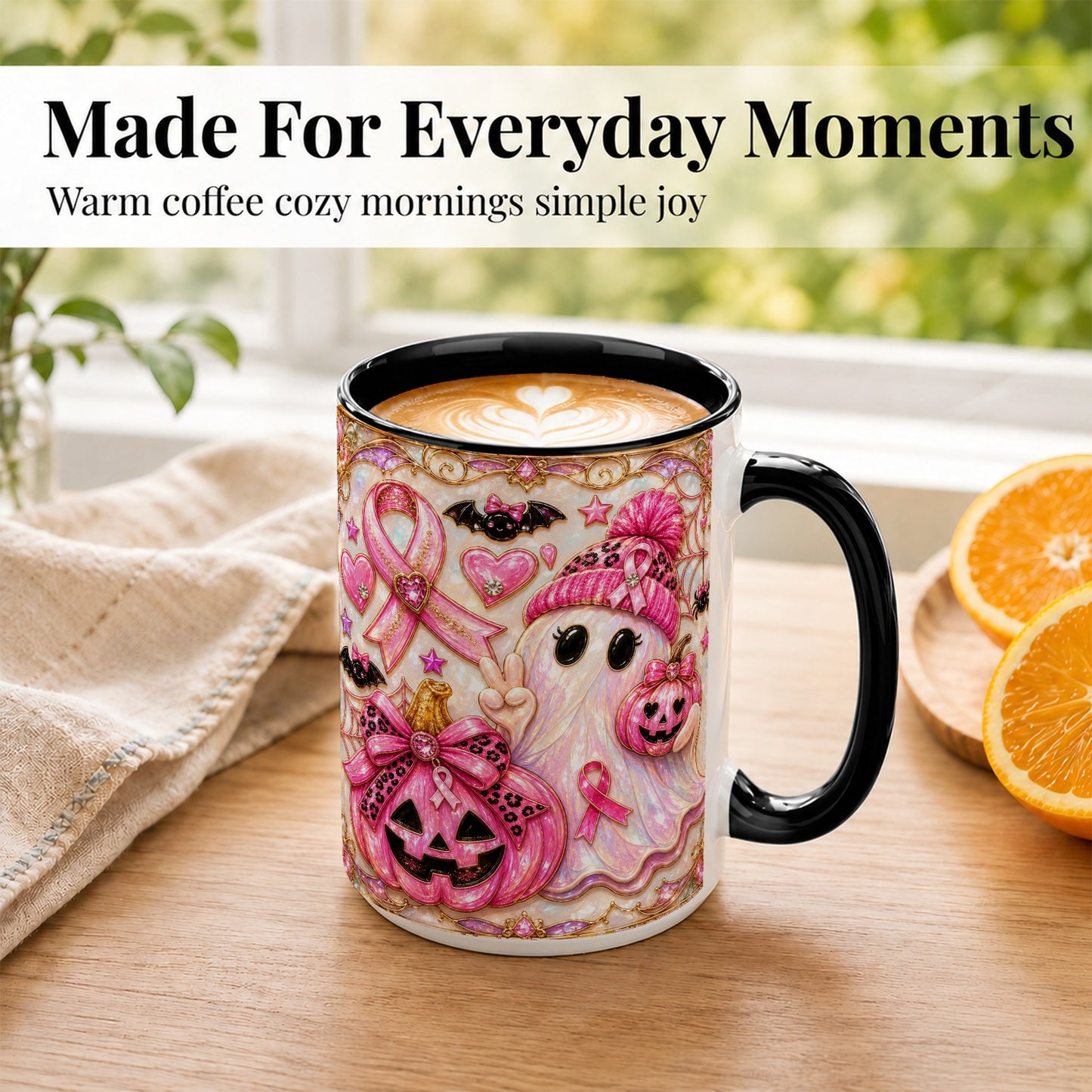 #pl[15oz|Black] Pink Ribbon Ghost Coffee Mug, Halloween Awareness Mug, Ceramic Cup