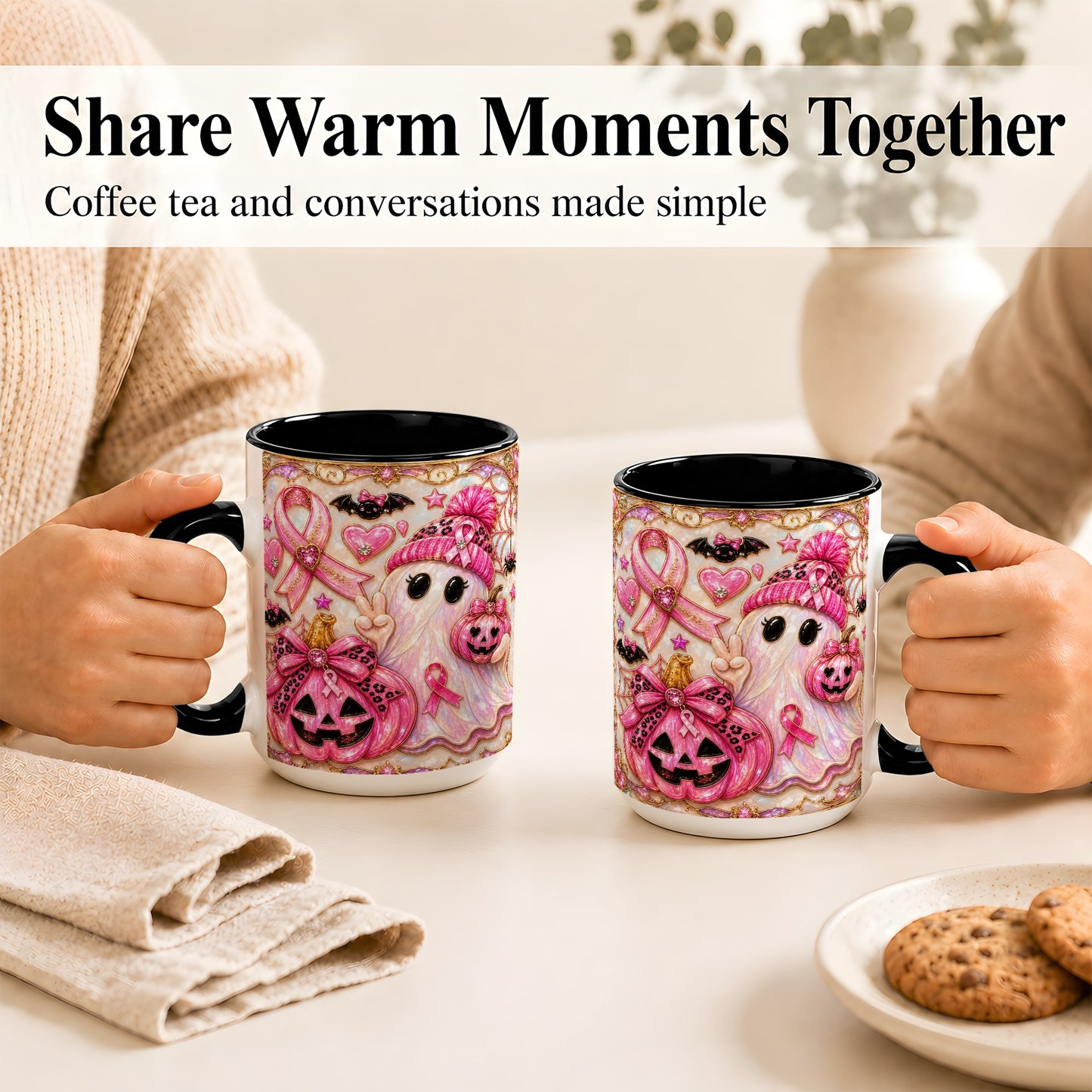 #pl[15oz|Black] Pink Ribbon Ghost Coffee Mug, Halloween Awareness Mug, Ceramic Cup
