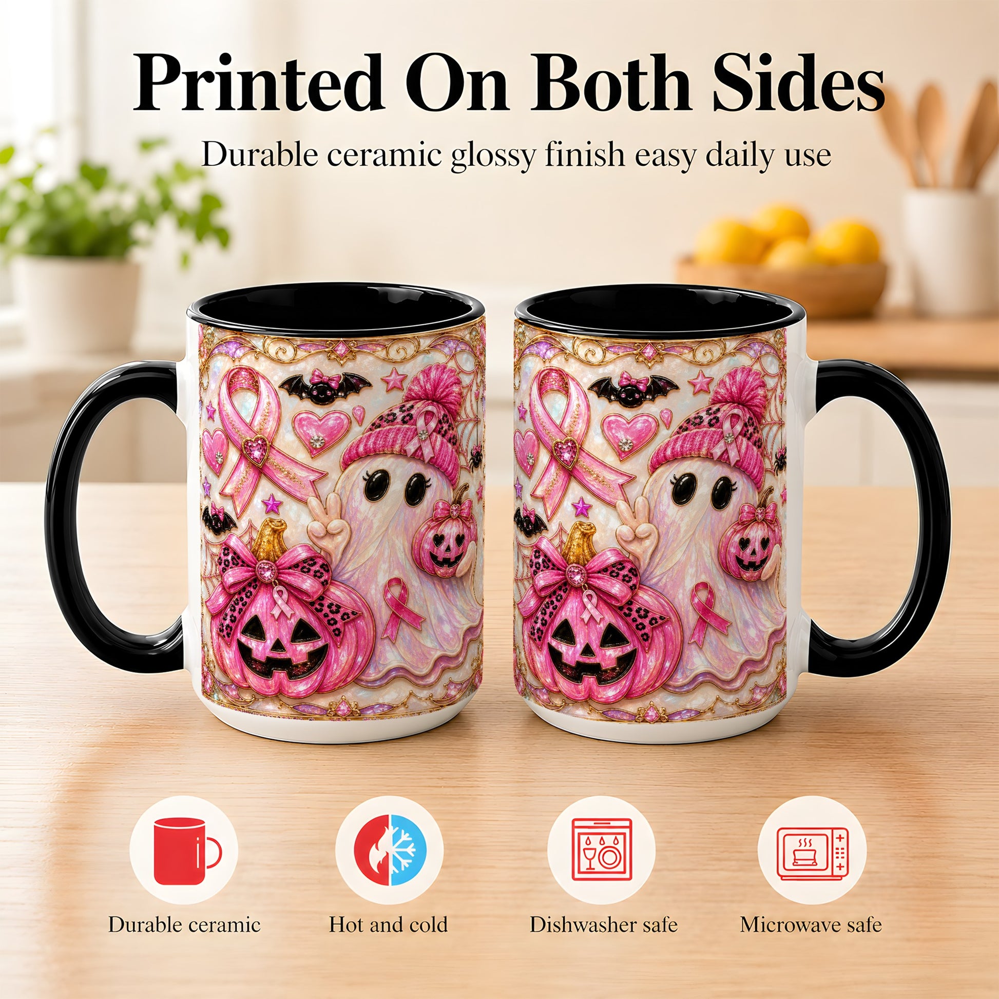 #pl[15oz|Black] Pink Ribbon Ghost Coffee Mug, Halloween Awareness Mug, Ceramic Cup