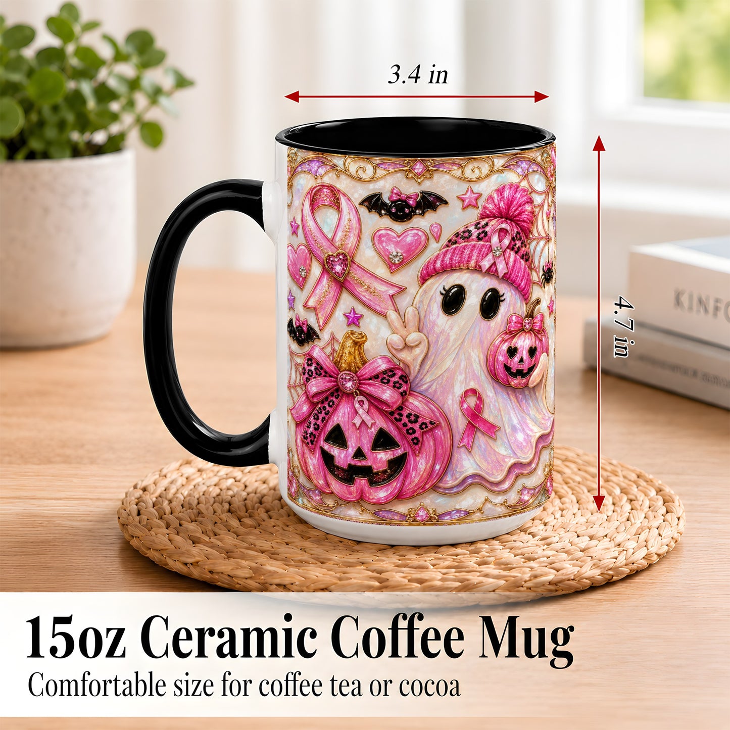 #pl[15oz|Black] Pink Ribbon Ghost Coffee Mug, Halloween Awareness Mug, Ceramic Cup