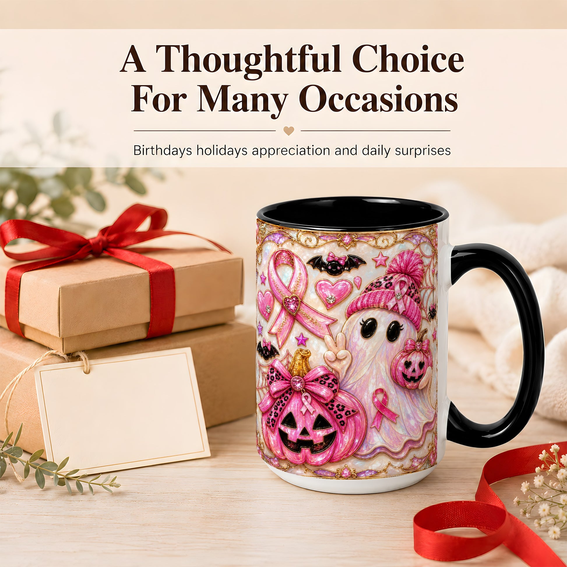 #pl[15oz|Black] Pink Ribbon Ghost Coffee Mug, Halloween Awareness Mug, Ceramic Cup