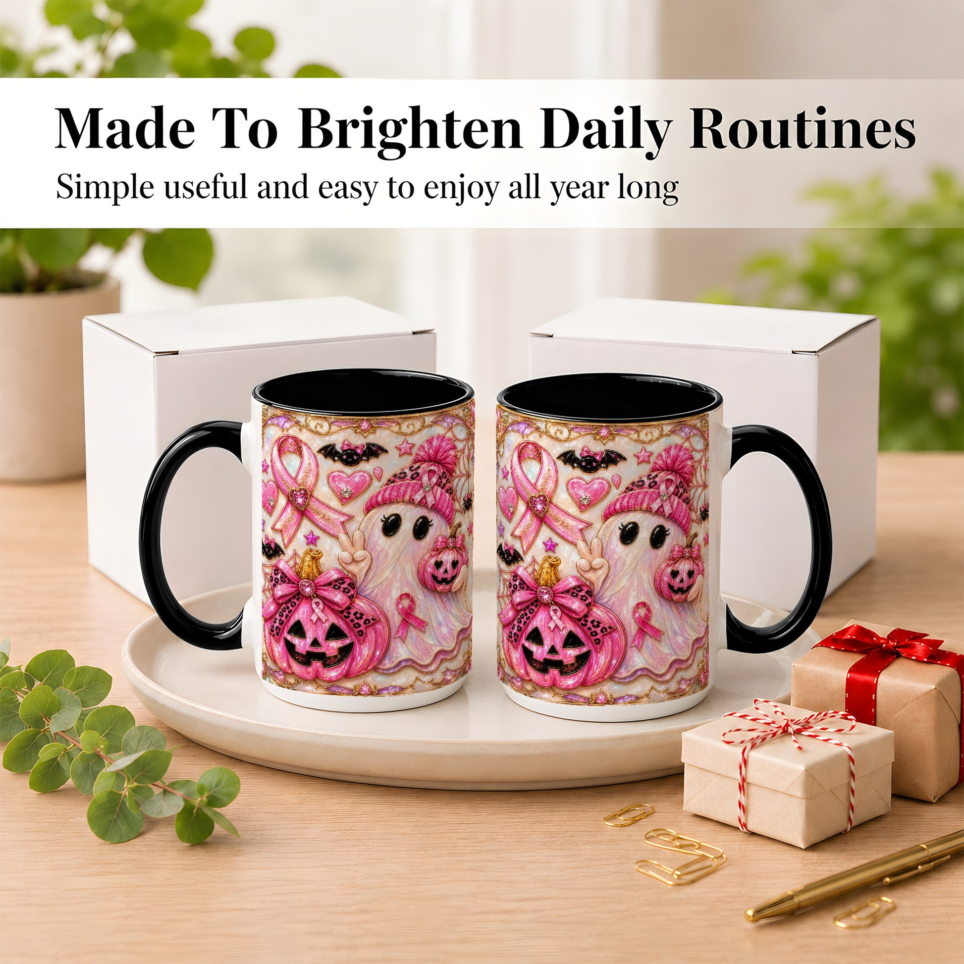#pl[15oz|Black] Pink Ribbon Ghost Coffee Mug, Halloween Awareness Mug, Ceramic Cup