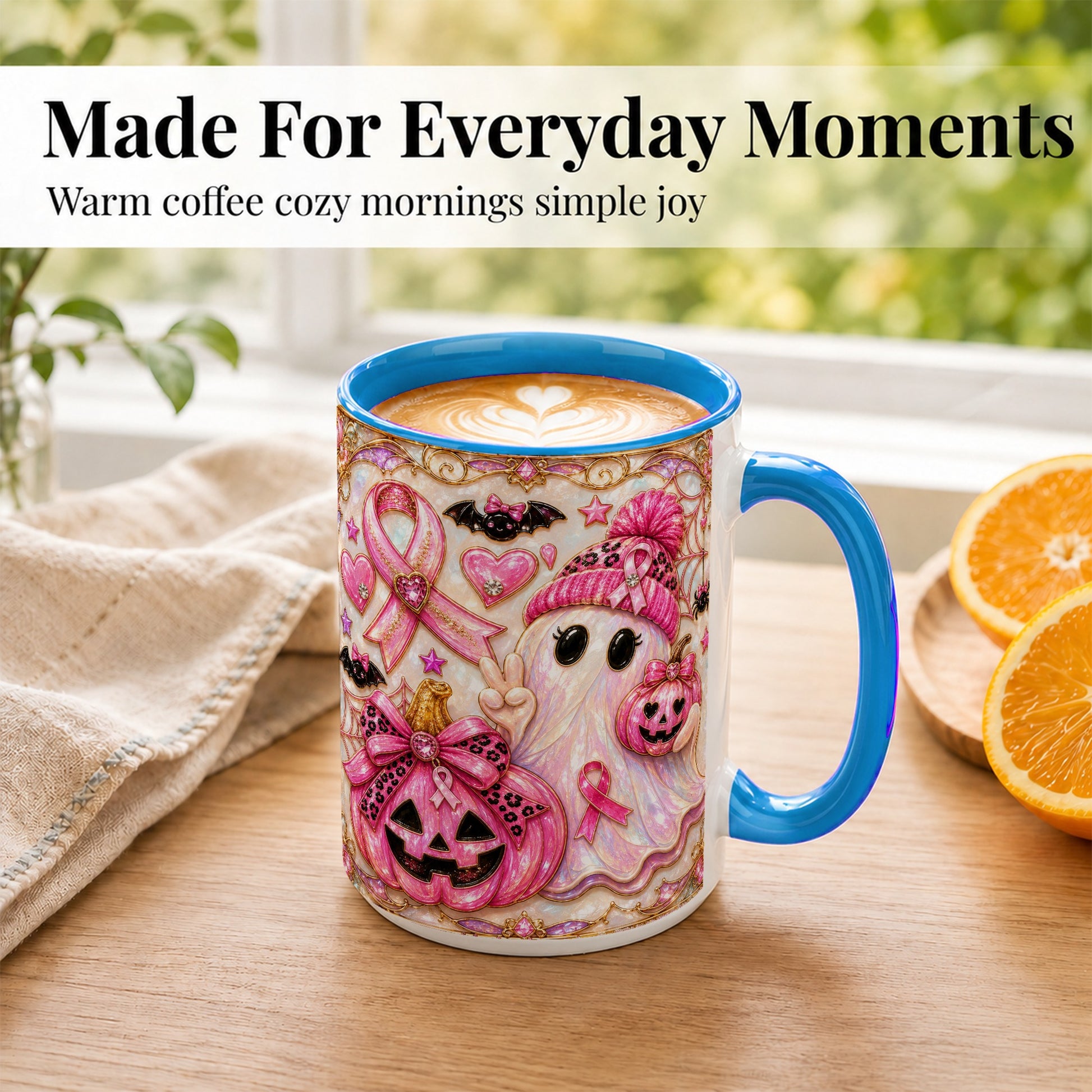 #pl[15oz|Blue] Pink Ribbon Ghost Coffee Mug, Halloween Awareness Mug, Ceramic Cup