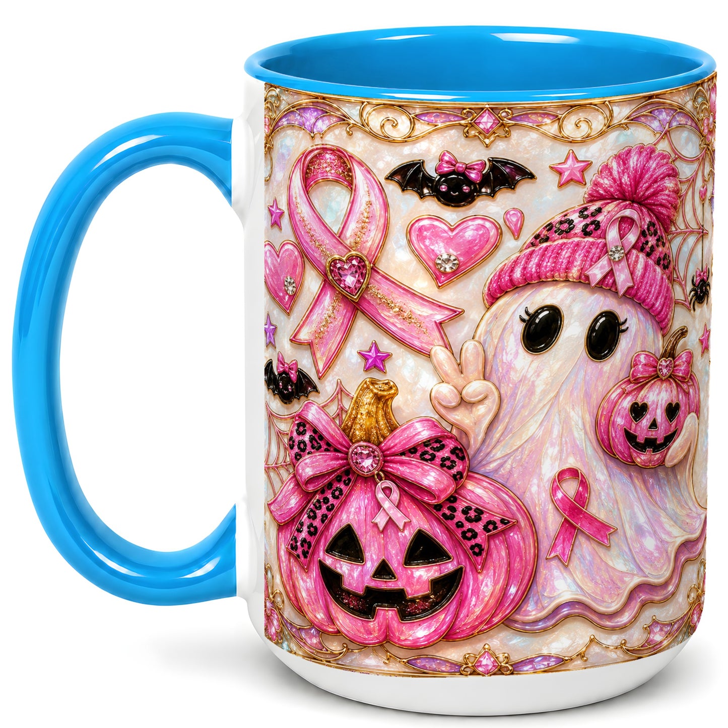 #pl[15oz|Blue] Pink Ribbon Ghost Coffee Mug, Halloween Awareness Mug, Ceramic Cup