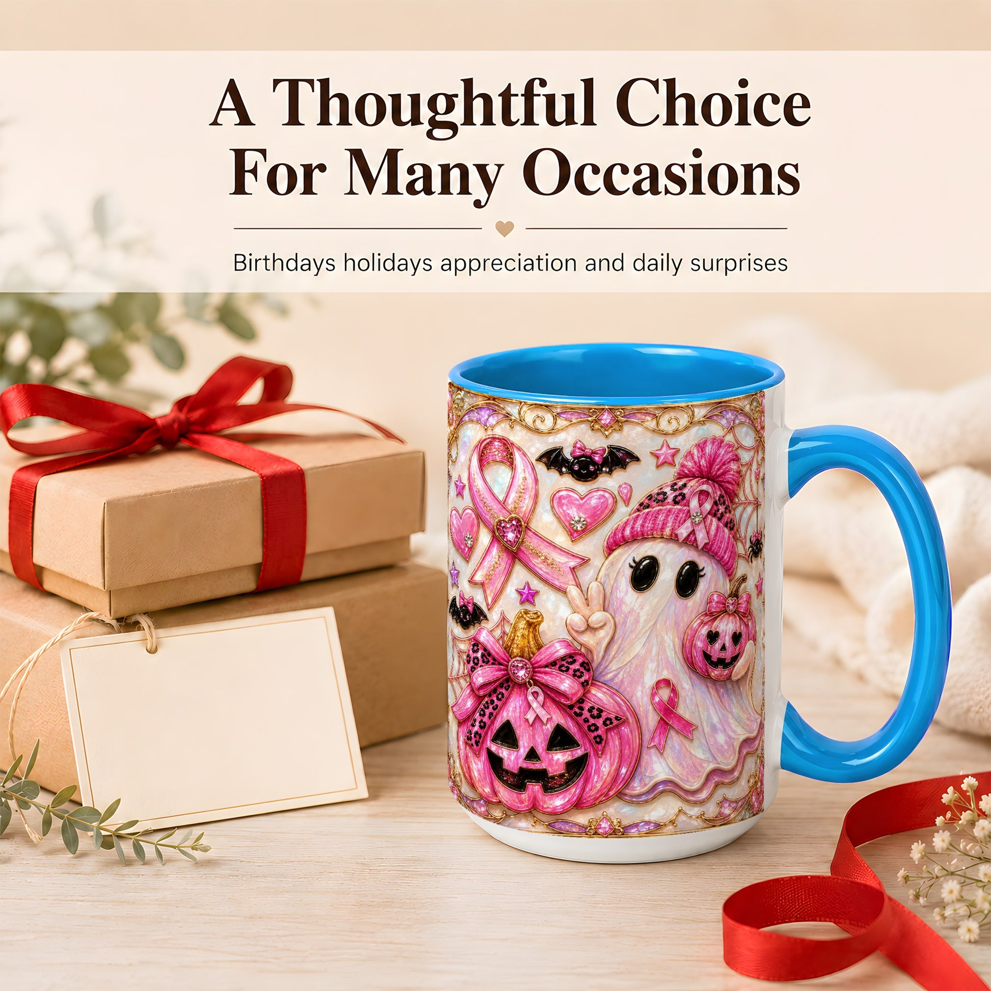 #pl[15oz|Blue] Pink Ribbon Ghost Coffee Mug, Halloween Awareness Mug, Ceramic Cup