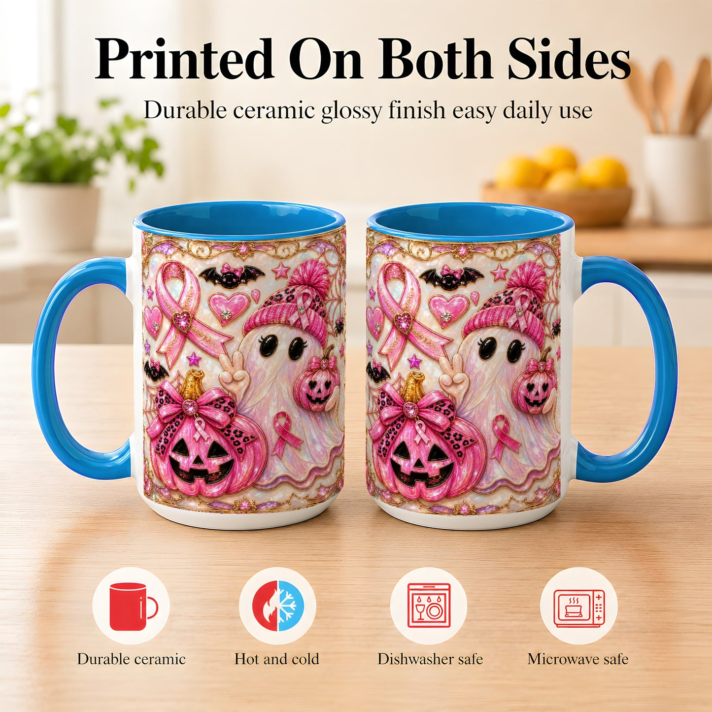 #pl[15oz|Blue] Pink Ribbon Ghost Coffee Mug, Halloween Awareness Mug, Ceramic Cup