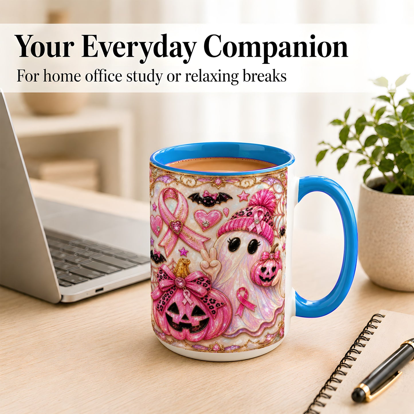 #pl[15oz|Blue] Pink Ribbon Ghost Coffee Mug, Halloween Awareness Mug, Ceramic Cup