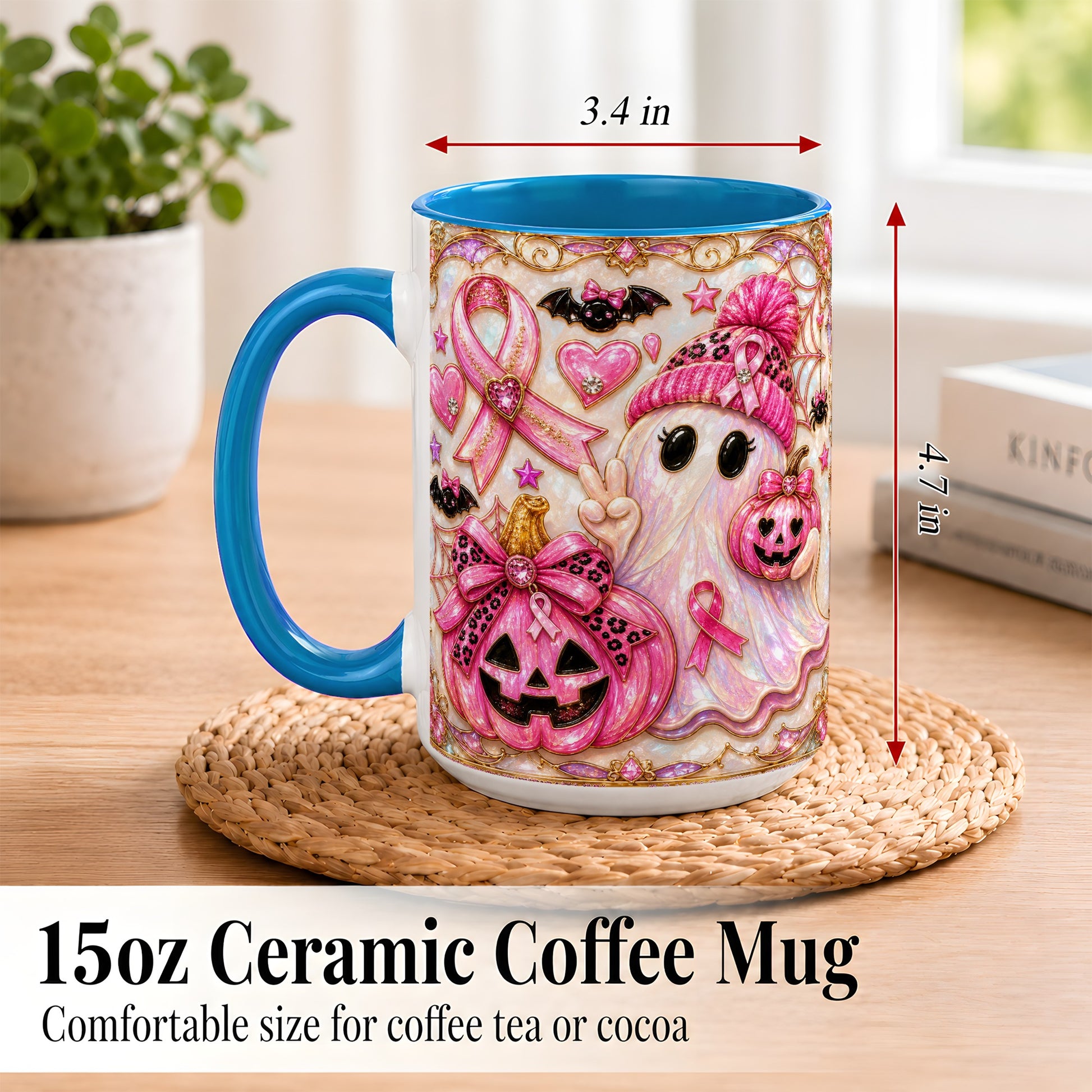 #pl[15oz|Blue] Pink Ribbon Ghost Coffee Mug, Halloween Awareness Mug, Ceramic Cup