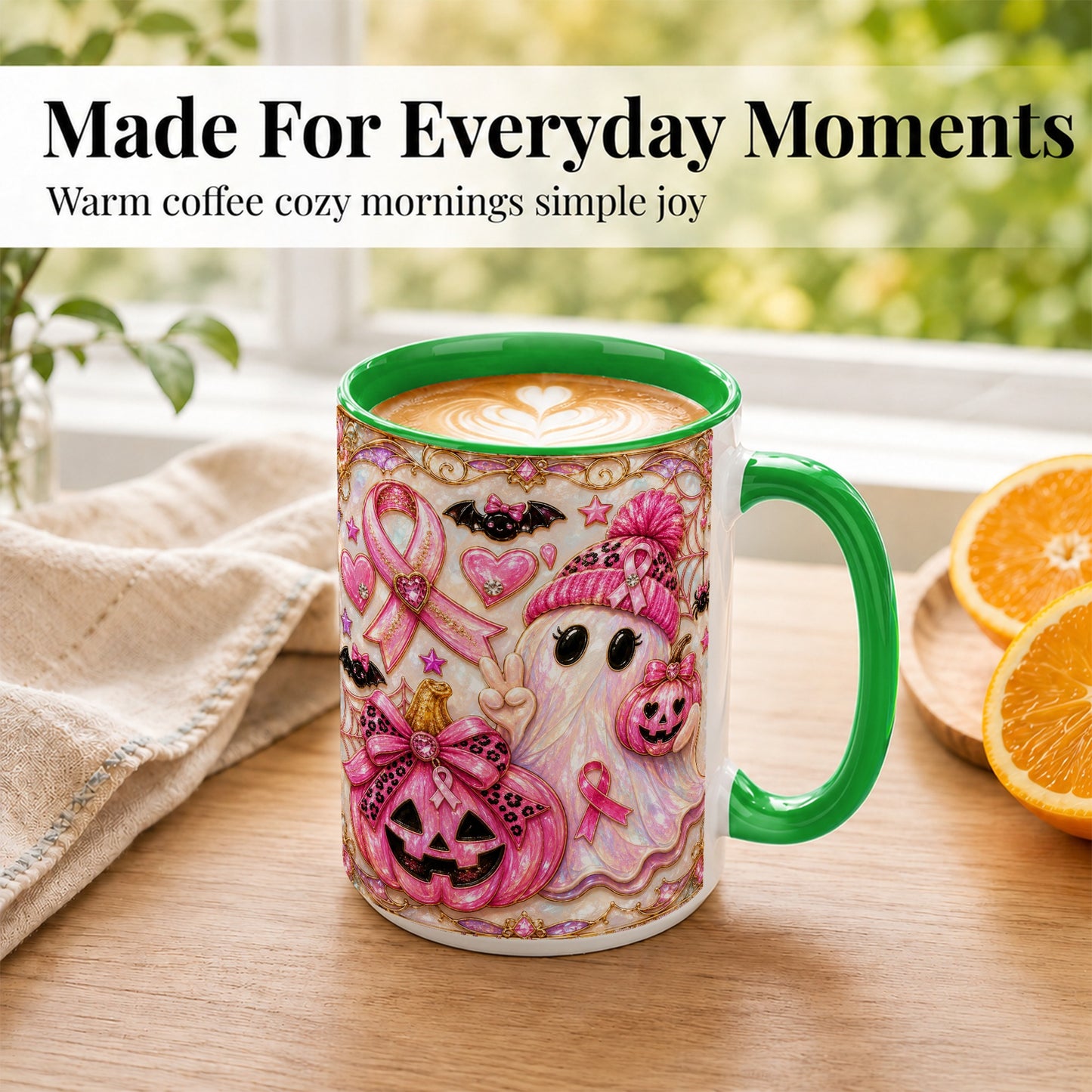 #pl[15oz|Green] Pink Ribbon Ghost Coffee Mug, Halloween Awareness Mug, Ceramic Cup