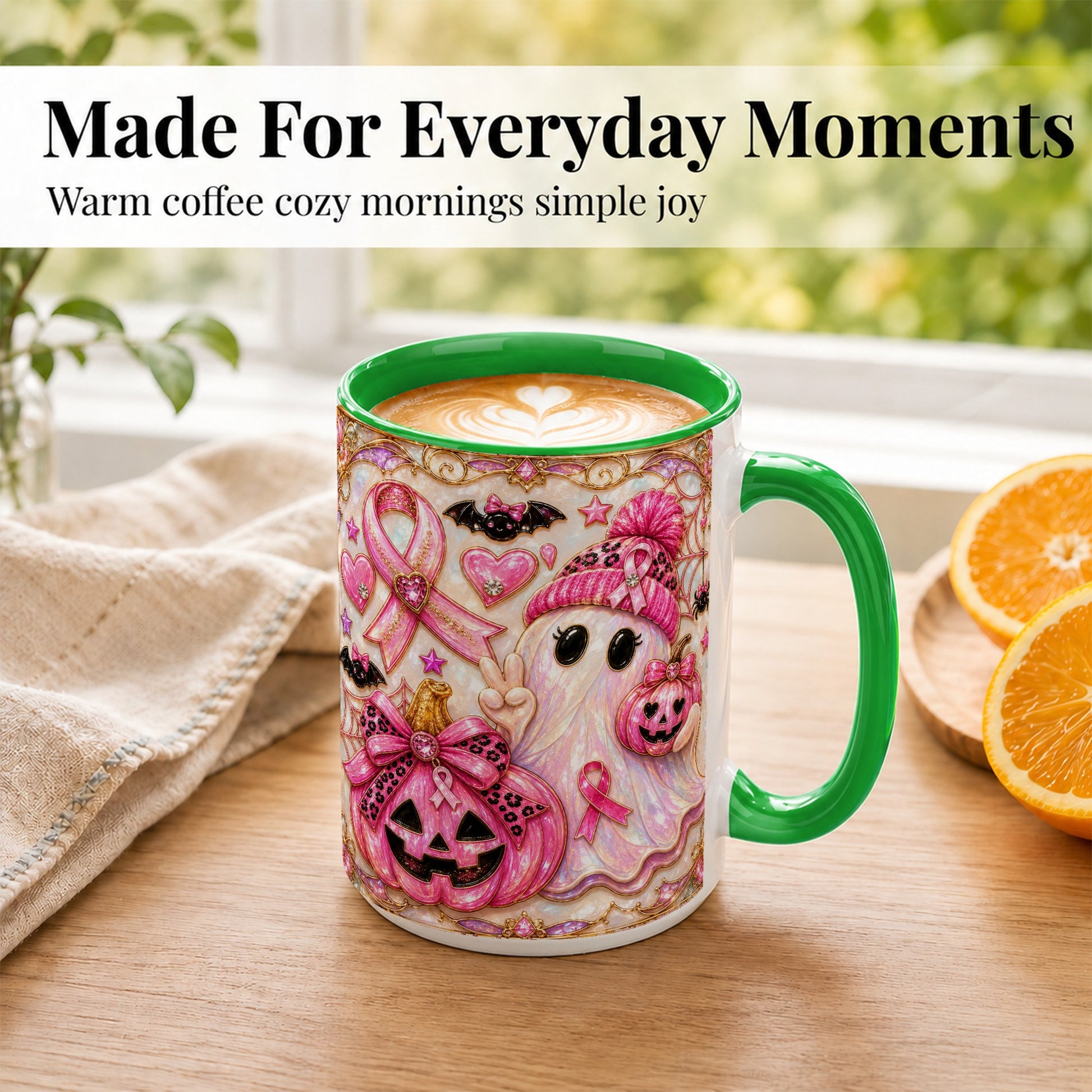 #pl[15oz|Green] Pink Ribbon Ghost Coffee Mug, Halloween Awareness Mug, Ceramic Cup