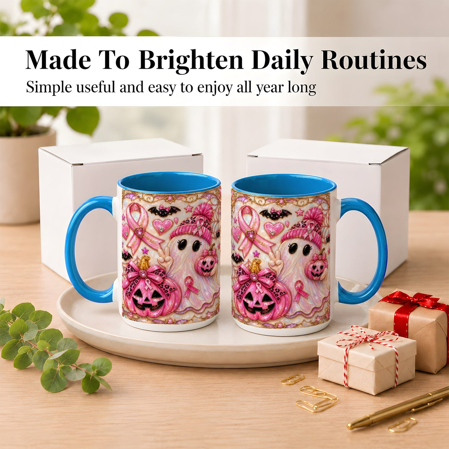 #pl[15oz|Blue] Pink Ribbon Ghost Coffee Mug, Halloween Awareness Mug, Ceramic Cup