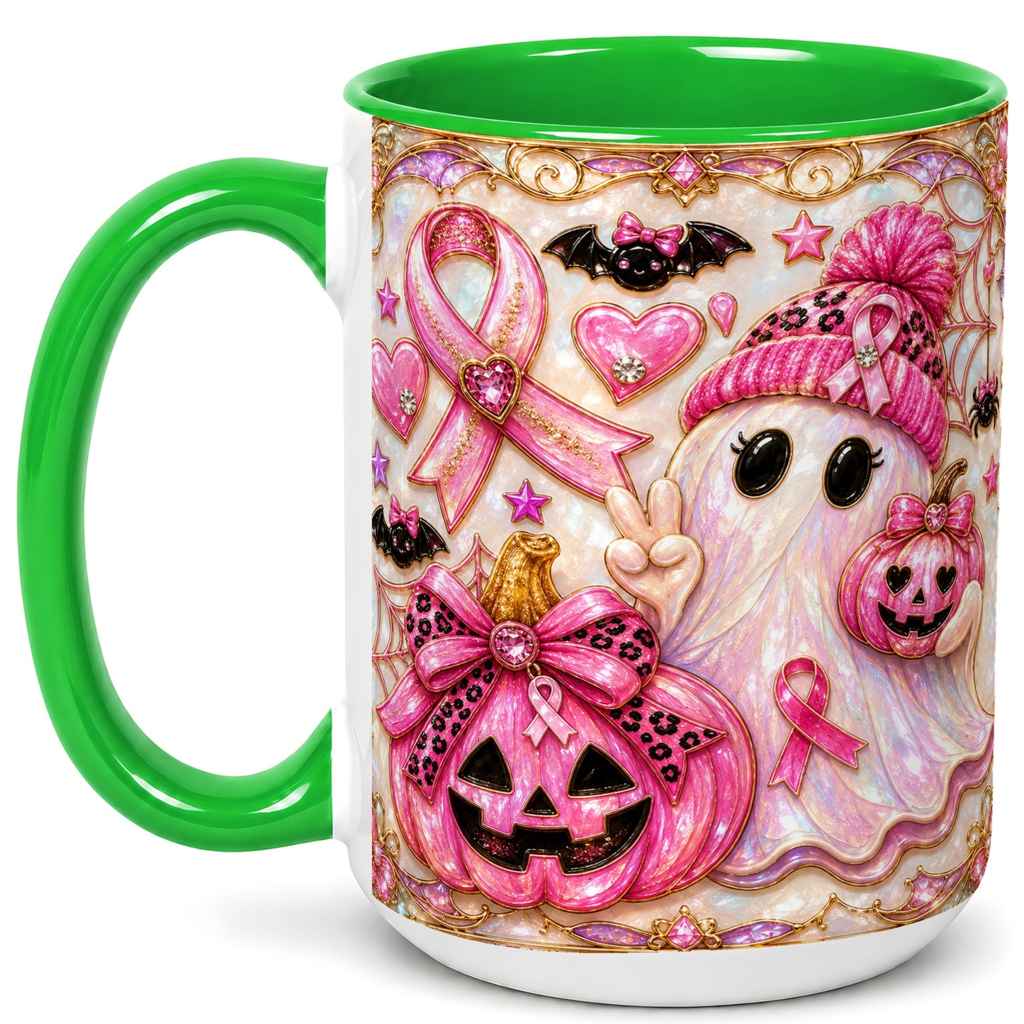 #pl[15oz|Green] Pink Ribbon Ghost Coffee Mug, Halloween Awareness Mug, Ceramic Cup