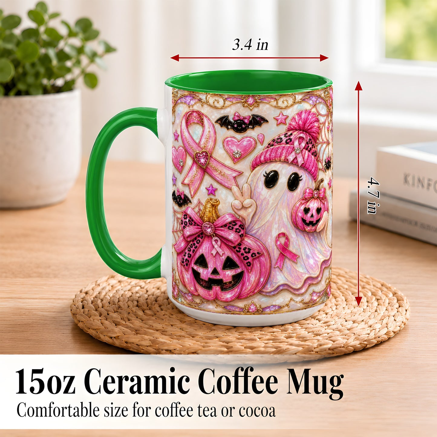 #pl[15oz|Green] Pink Ribbon Ghost Coffee Mug, Halloween Awareness Mug, Ceramic Cup