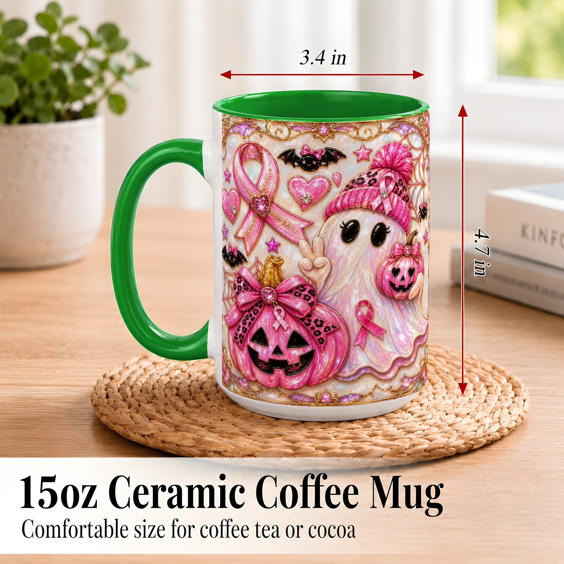 #pl[15oz|Green] Pink Ribbon Ghost Coffee Mug, Halloween Awareness Mug, Ceramic Cup