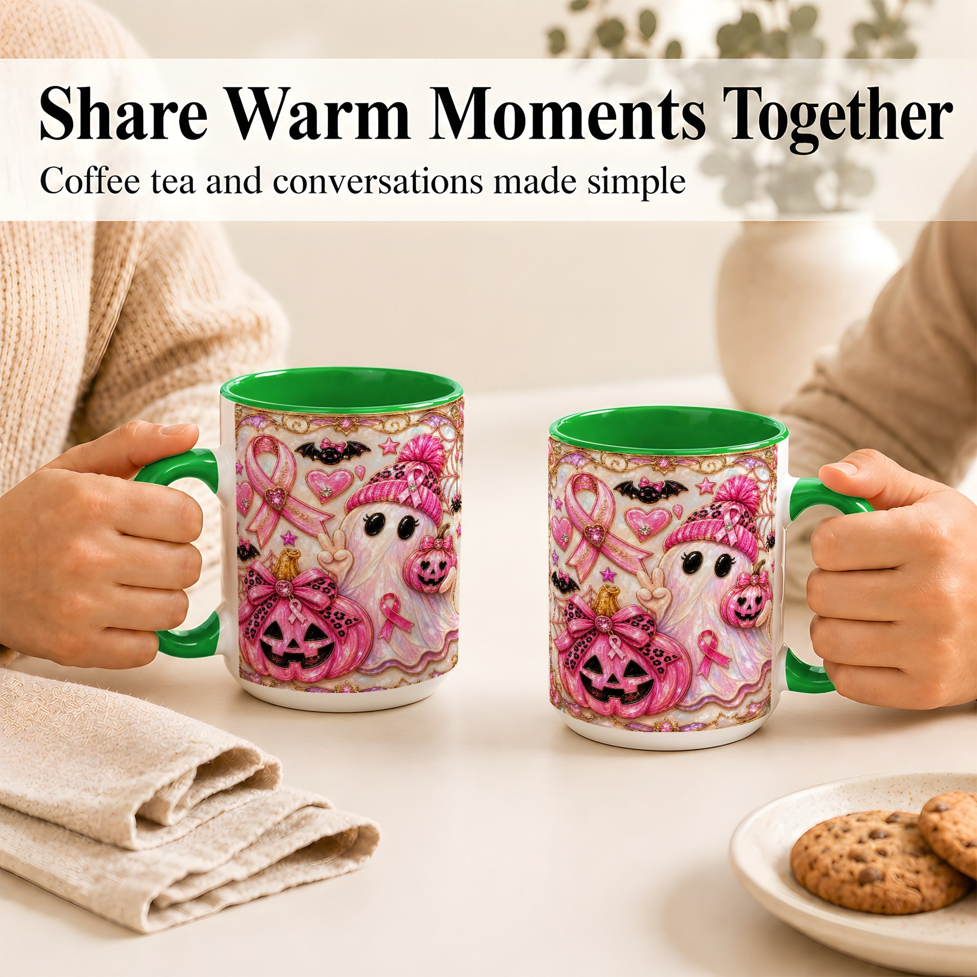 #pl[15oz|Green] Pink Ribbon Ghost Coffee Mug, Halloween Awareness Mug, Ceramic Cup