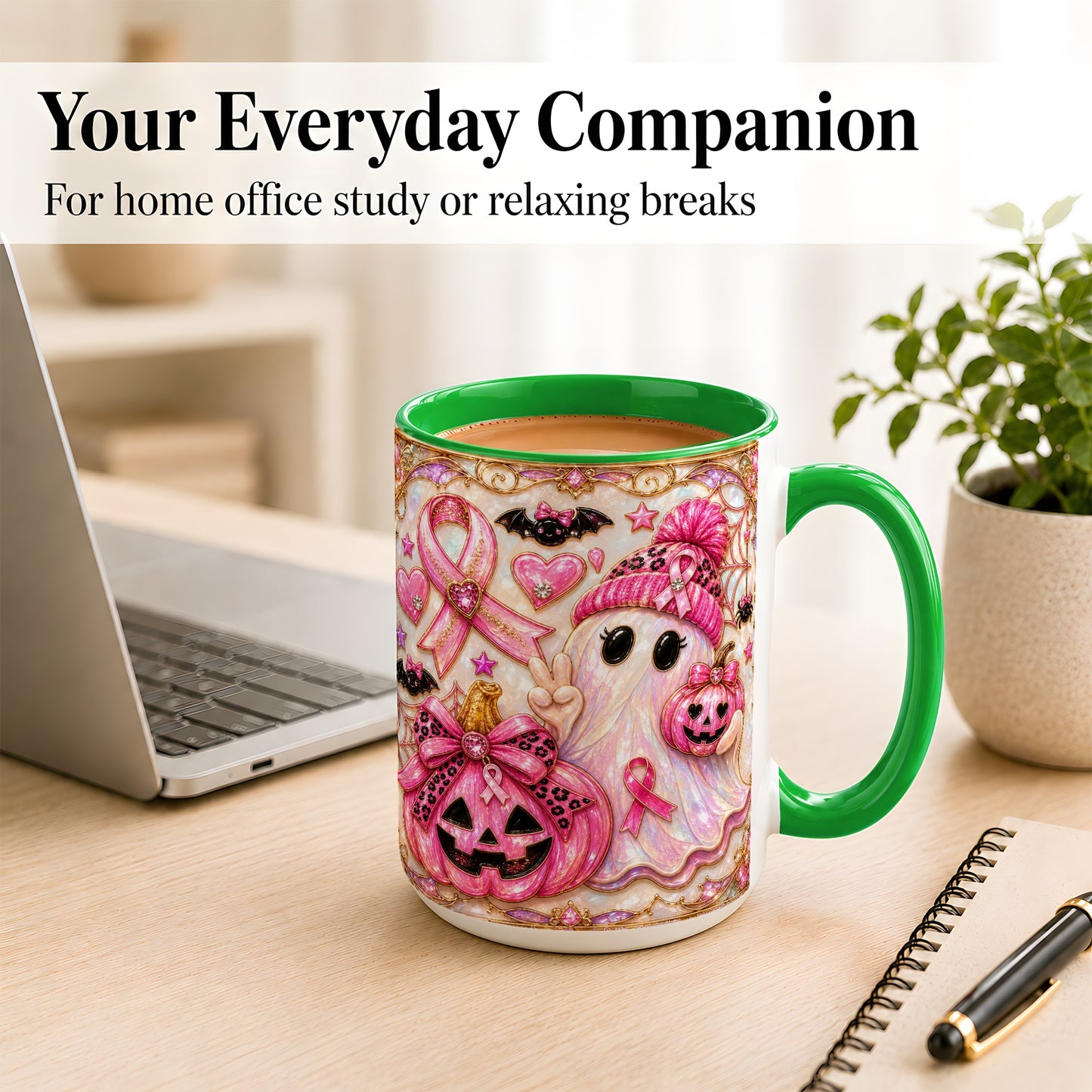#pl[15oz|Green] Pink Ribbon Ghost Coffee Mug, Halloween Awareness Mug, Ceramic Cup