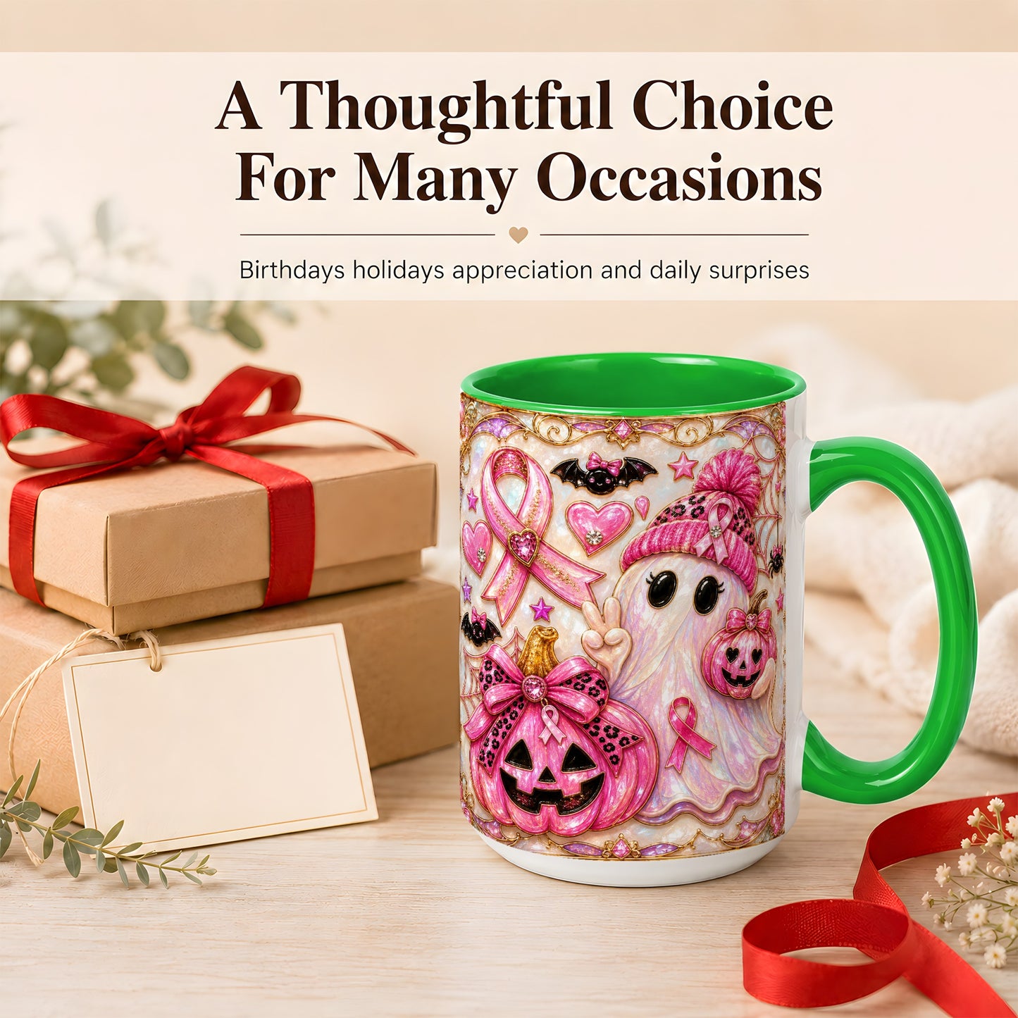 #pl[15oz|Green] Pink Ribbon Ghost Coffee Mug, Halloween Awareness Mug, Ceramic Cup