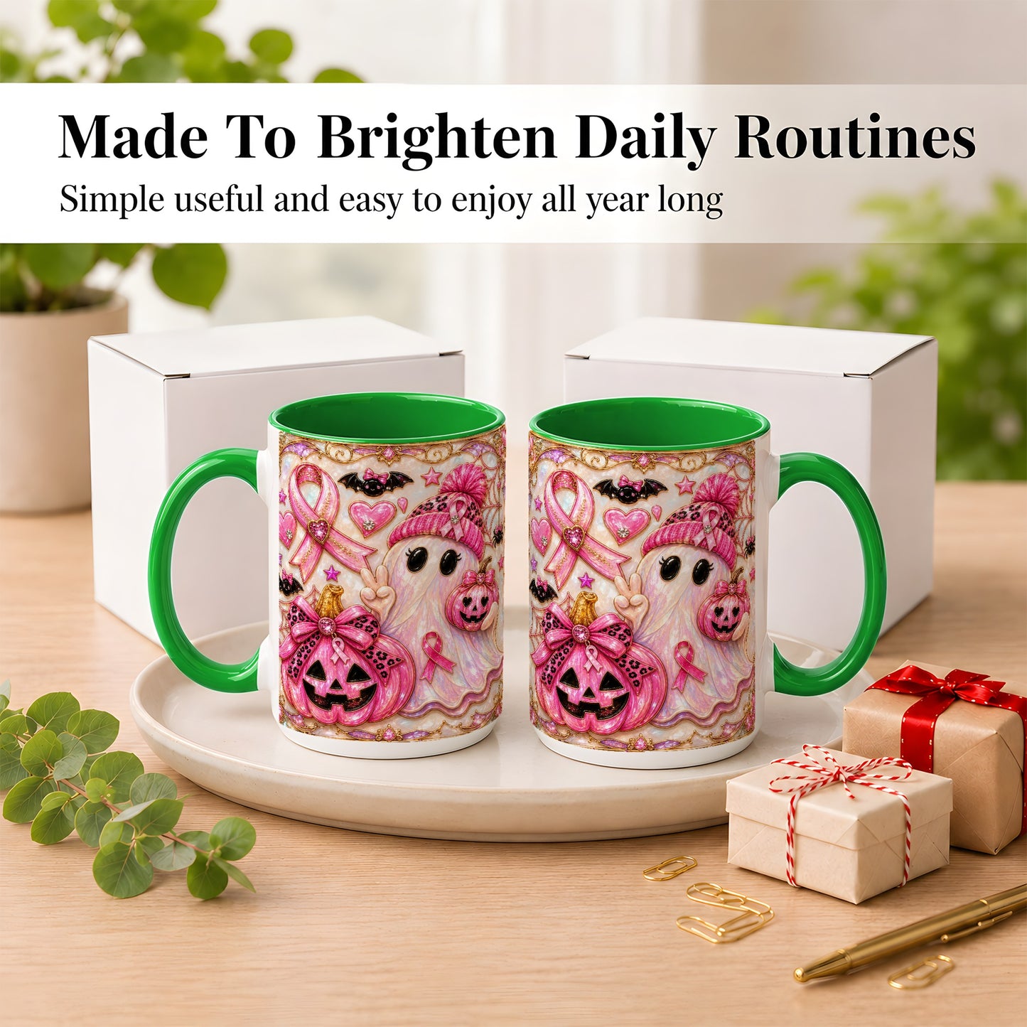 #pl[15oz|Green] Pink Ribbon Ghost Coffee Mug, Halloween Awareness Mug, Ceramic Cup