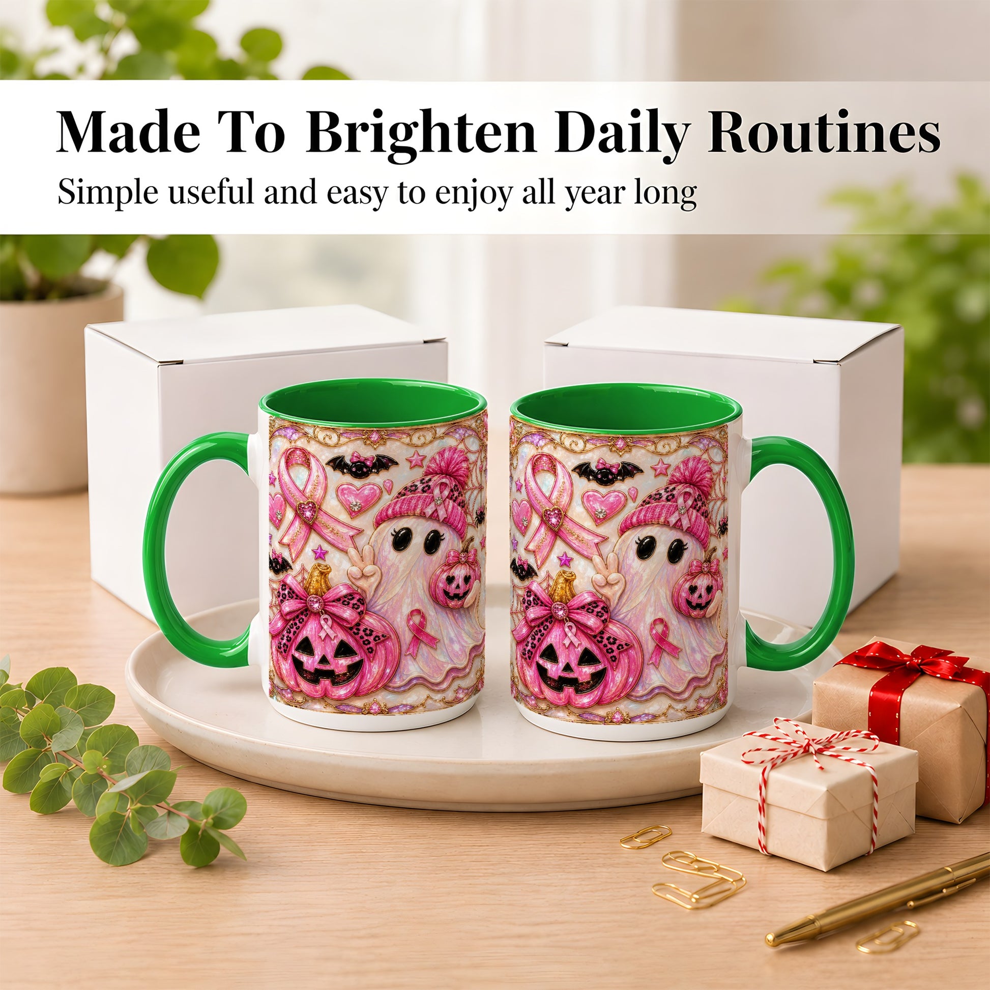 #pl[15oz|Green] Pink Ribbon Ghost Coffee Mug, Halloween Awareness Mug, Ceramic Cup
