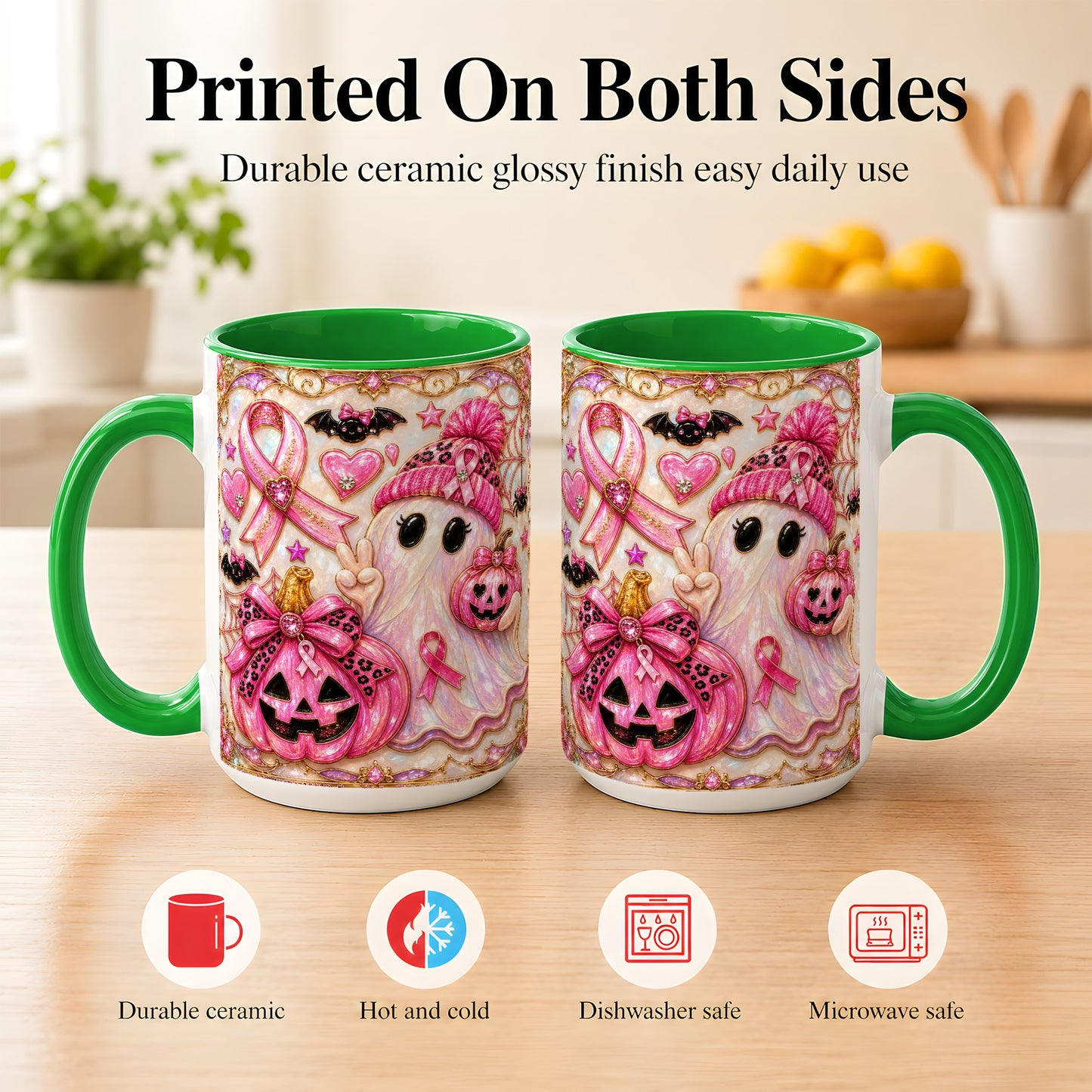 #pl[15oz|Green] Pink Ribbon Ghost Coffee Mug, Halloween Awareness Mug, Ceramic Cup