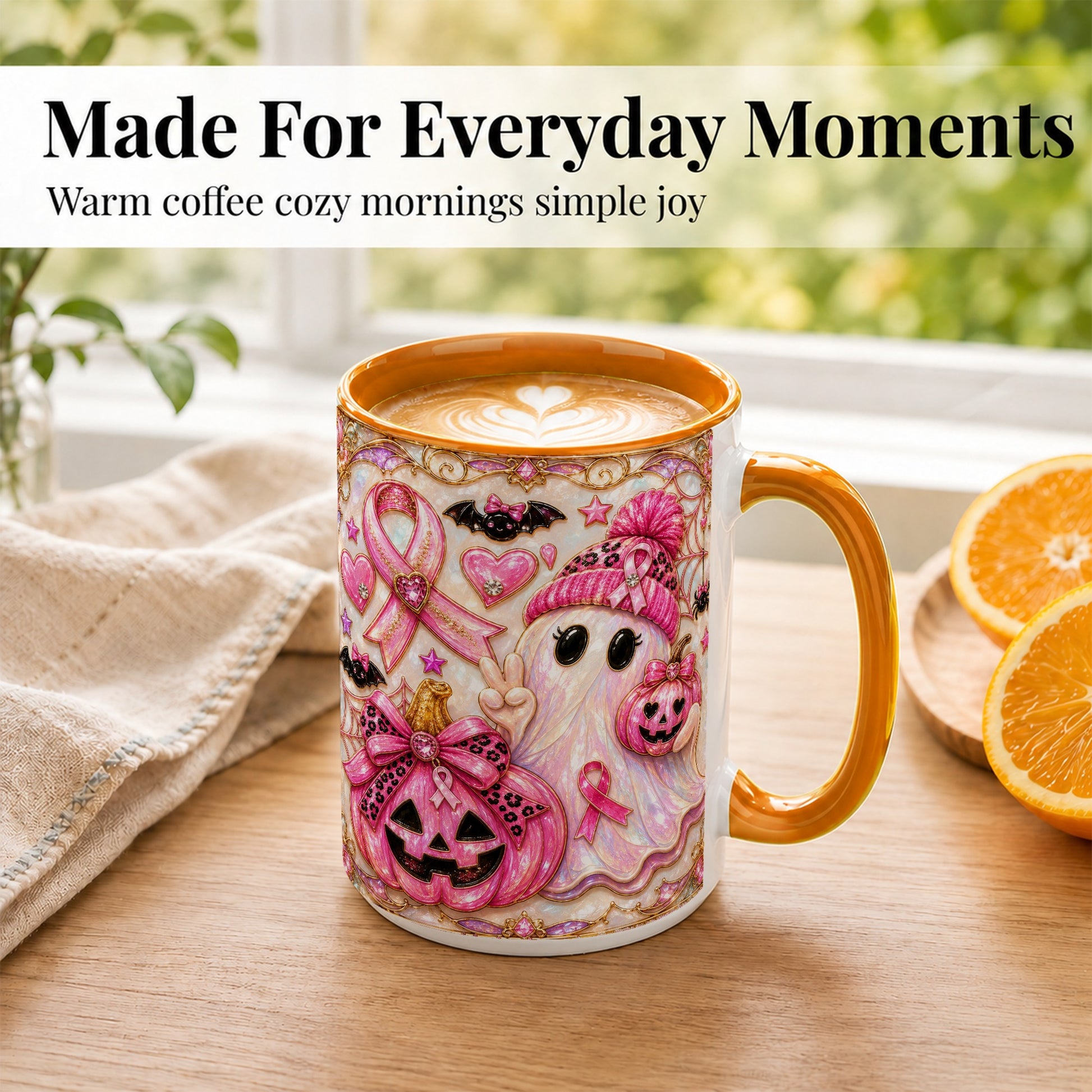 #pl[15oz|Orange] Pink Ribbon Ghost Coffee Mug, Halloween Awareness Mug, Ceramic Cup