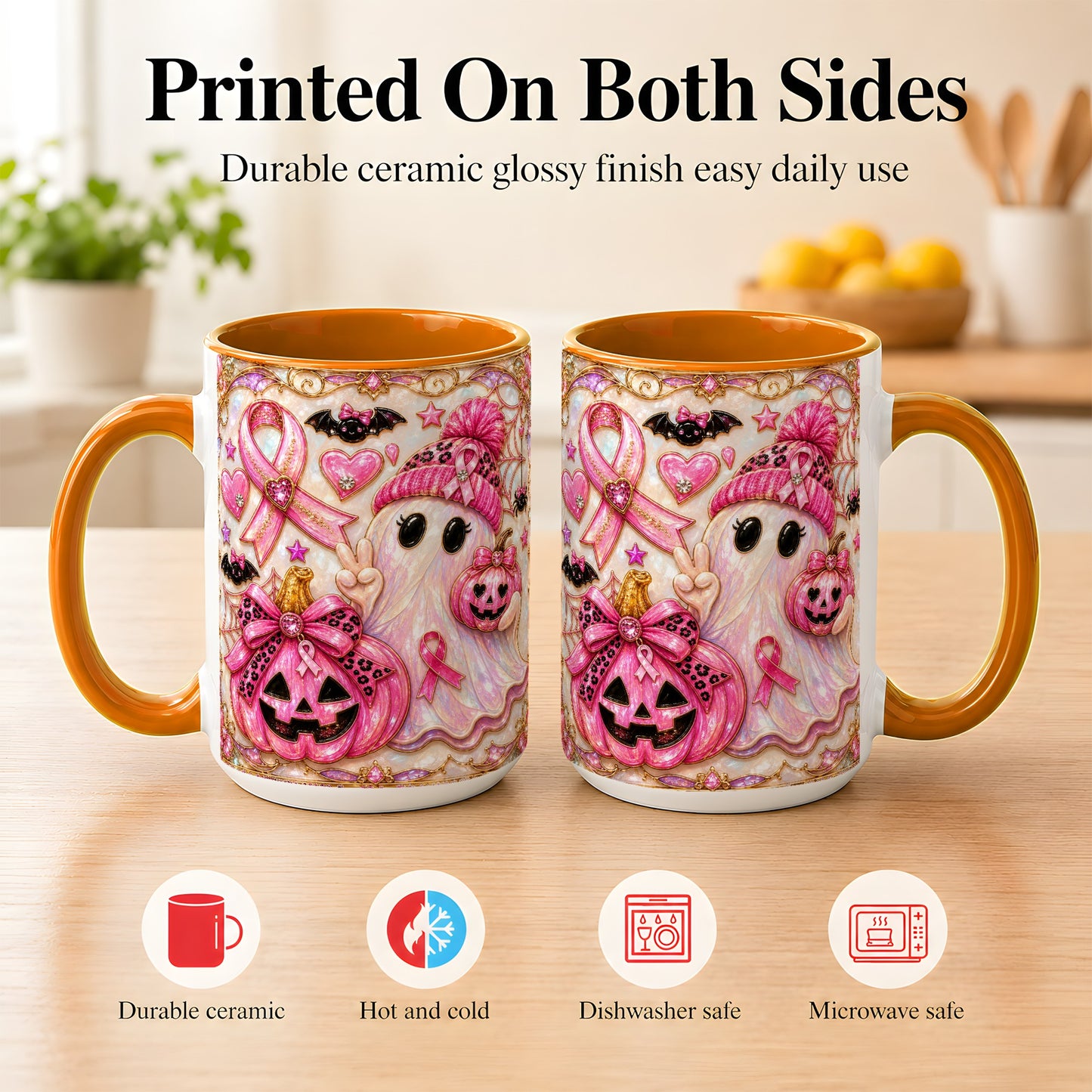 #pl[15oz|Orange] Pink Ribbon Ghost Coffee Mug, Halloween Awareness Mug, Ceramic Cup
