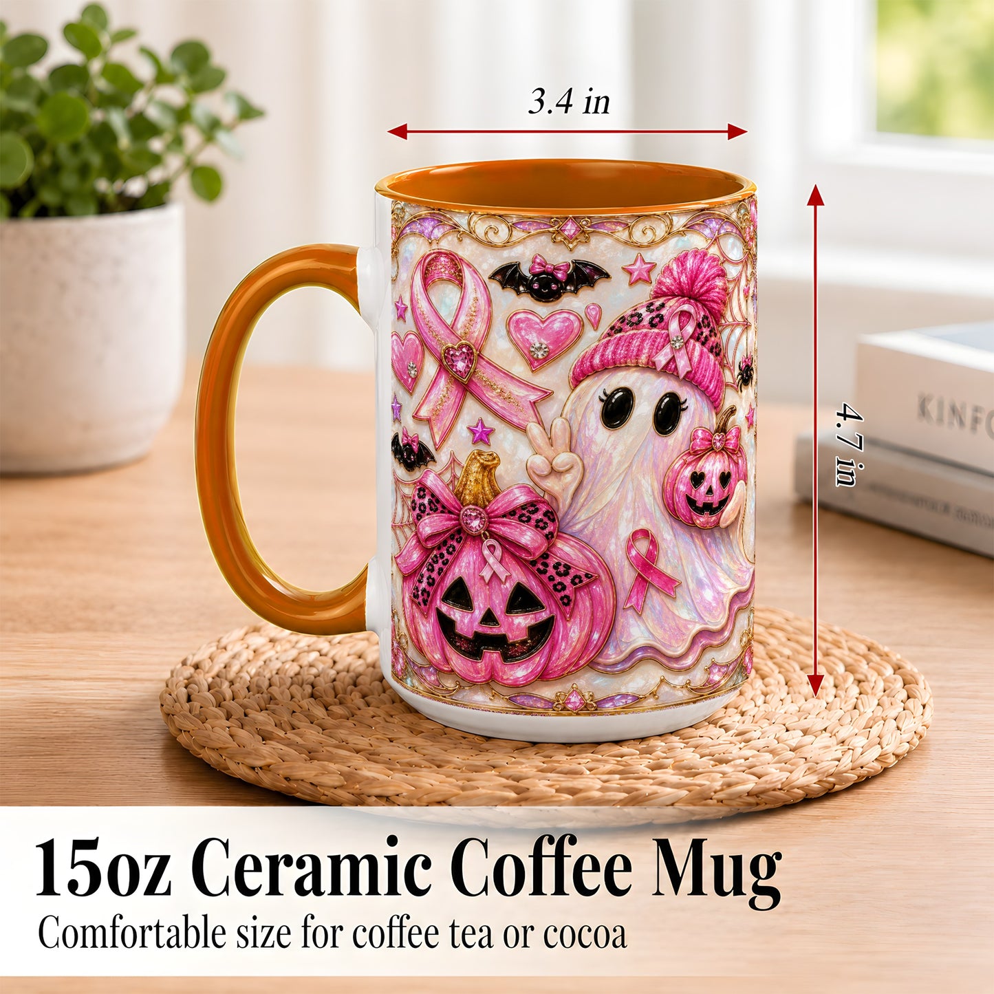 #pl[15oz|Orange] Pink Ribbon Ghost Coffee Mug, Halloween Awareness Mug, Ceramic Cup