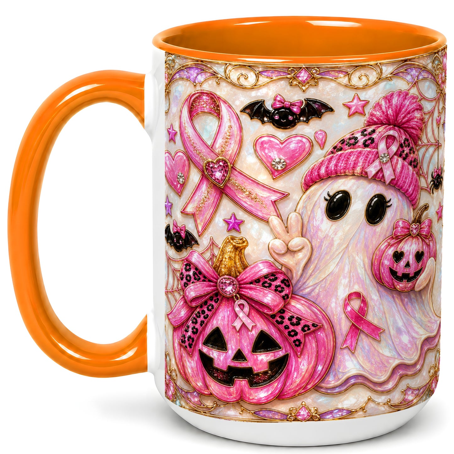 #pl[15oz|Orange] Pink Ribbon Ghost Coffee Mug, Halloween Awareness Mug, Ceramic Cup