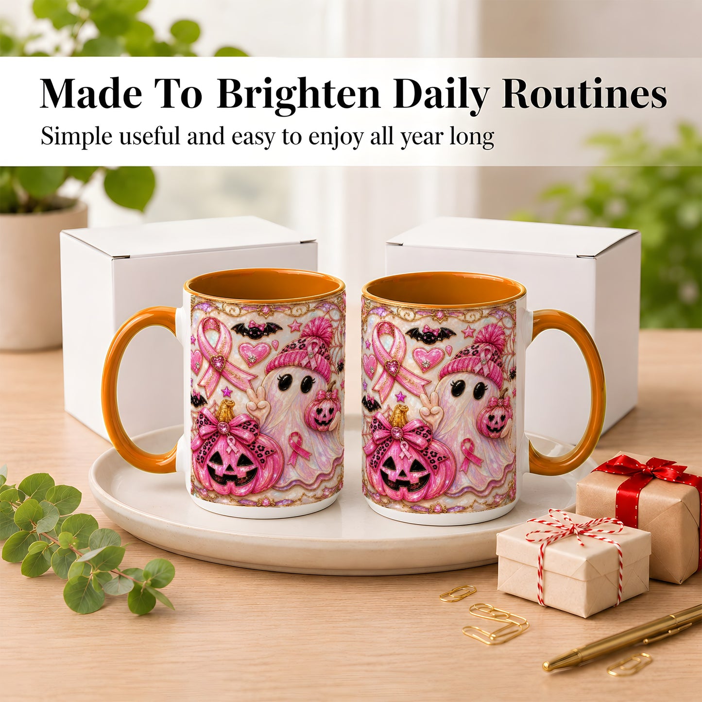 #pl[15oz|Orange] Pink Ribbon Ghost Coffee Mug, Halloween Awareness Mug, Ceramic Cup