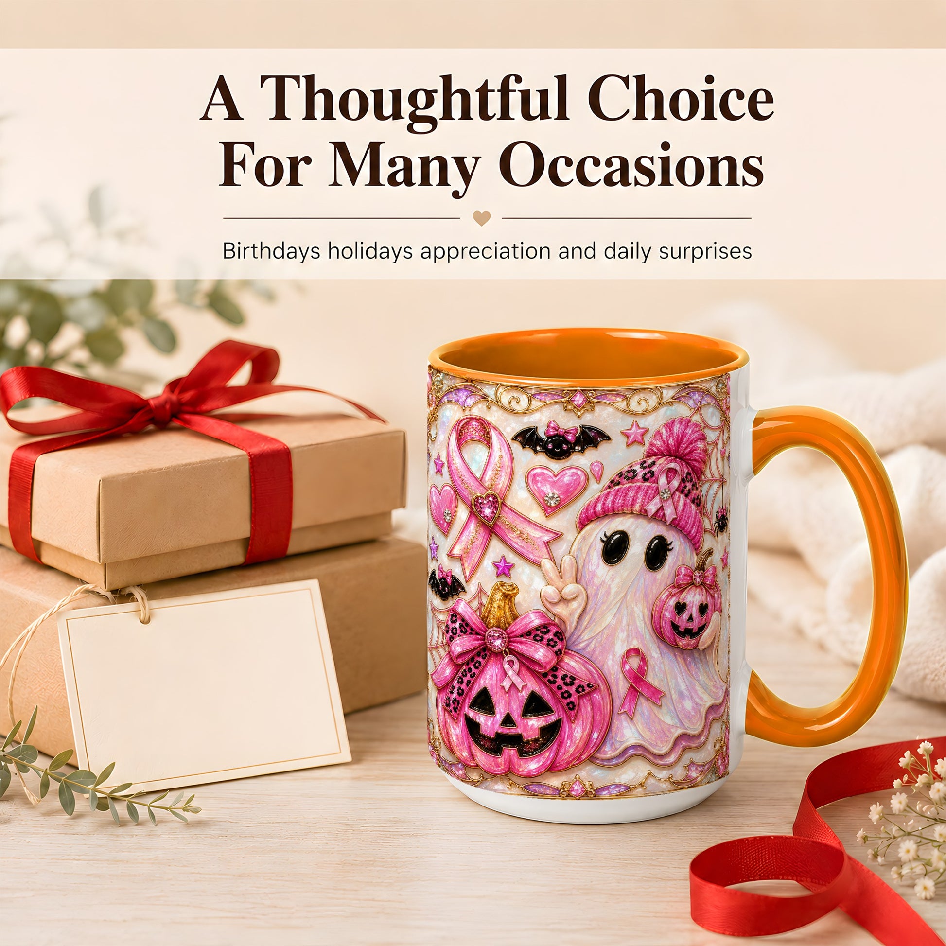 #pl[15oz|Orange] Pink Ribbon Ghost Coffee Mug, Halloween Awareness Mug, Ceramic Cup