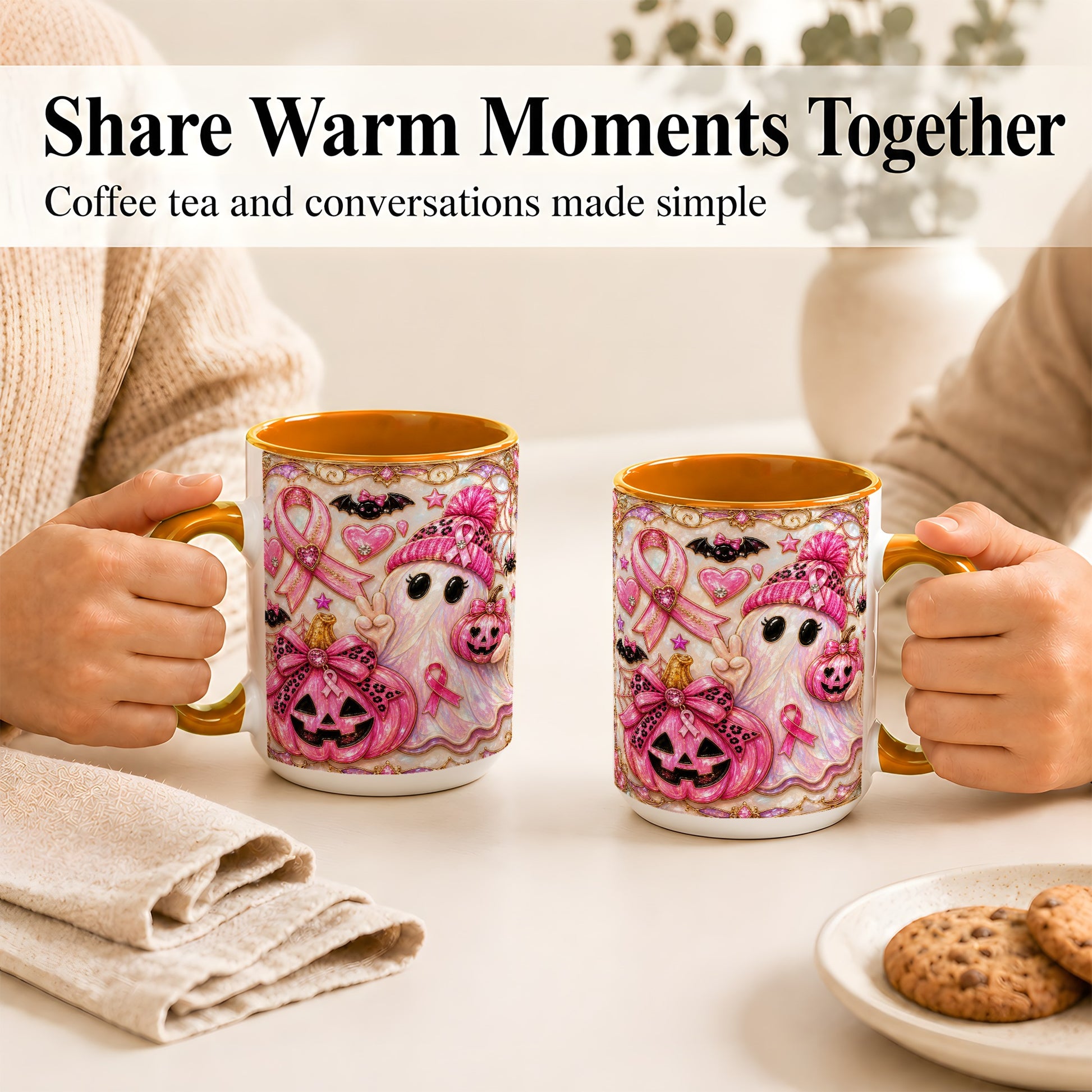 #pl[15oz|Orange] Pink Ribbon Ghost Coffee Mug, Halloween Awareness Mug, Ceramic Cup