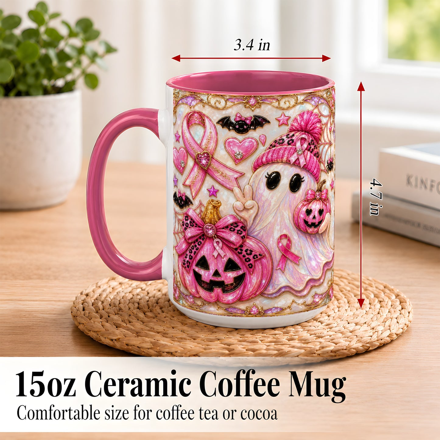 #pl[15oz|Pink] Pink Ribbon Ghost Coffee Mug, Halloween Awareness Mug, Ceramic Cup