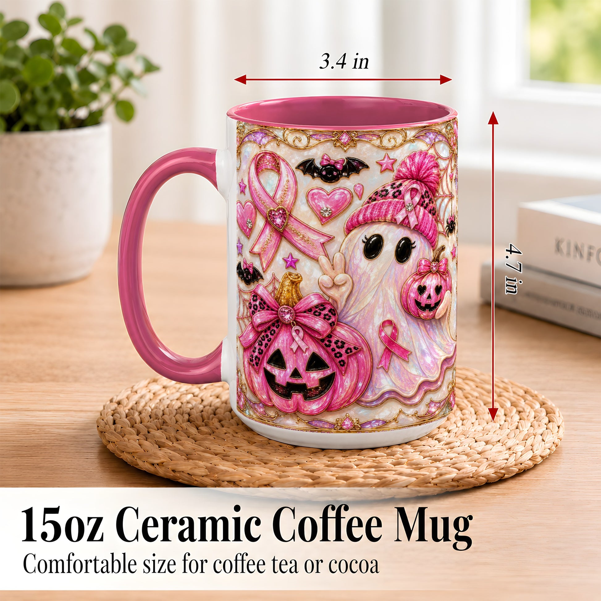 #pl[15oz|Pink] Pink Ribbon Ghost Coffee Mug, Halloween Awareness Mug, Ceramic Cup