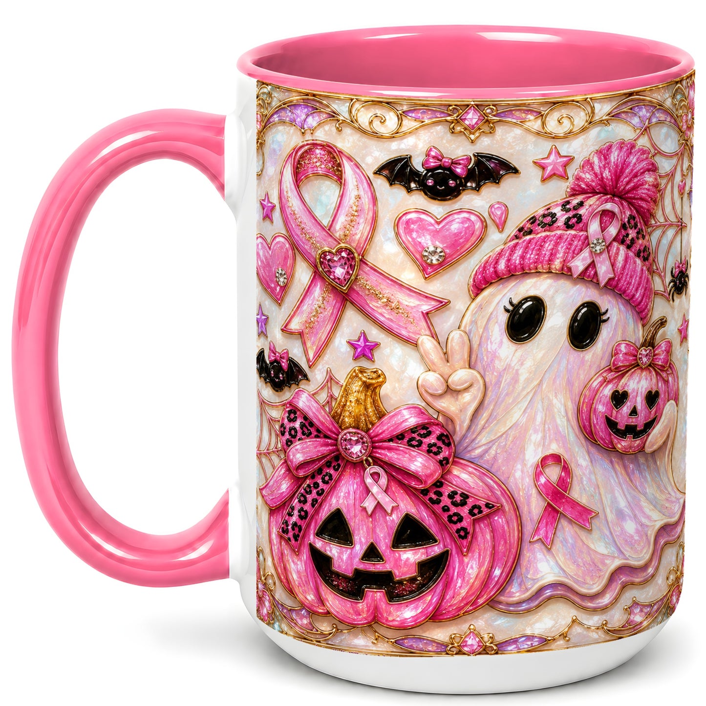 #pl[15oz|Pink] Pink Ribbon Ghost Coffee Mug, Halloween Awareness Mug, Ceramic Cup