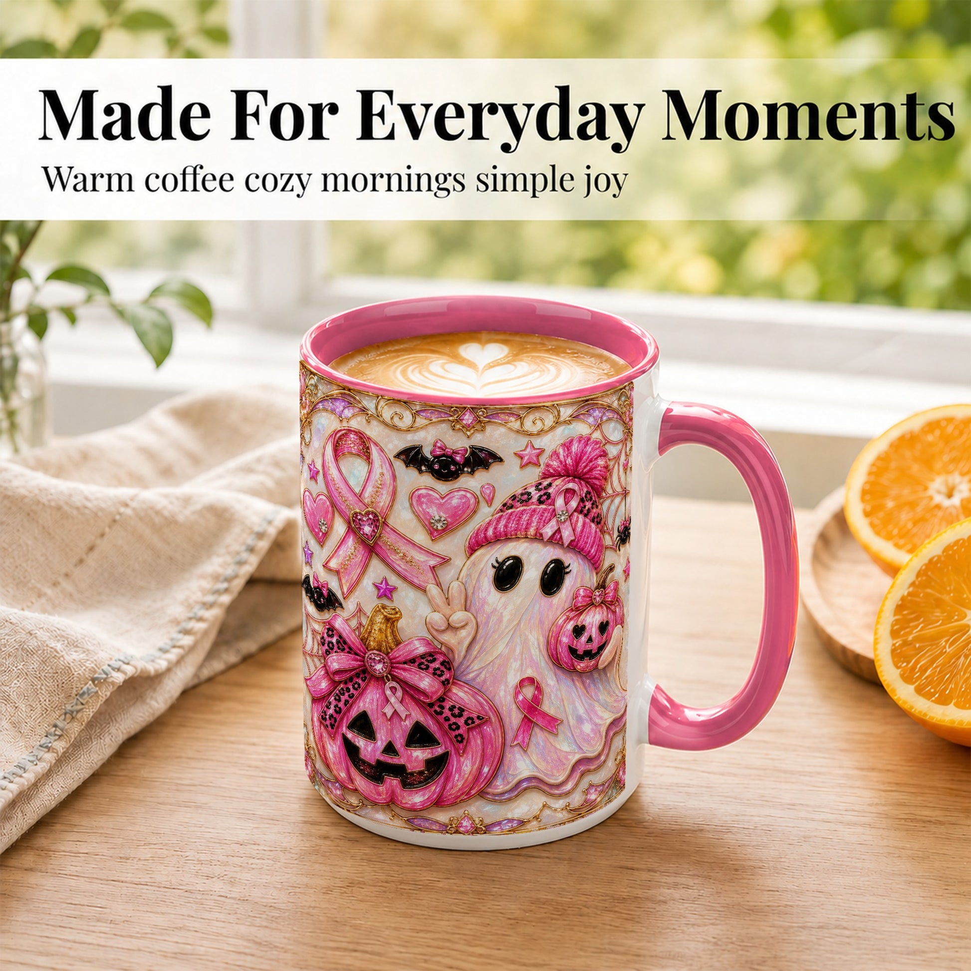 #pl[15oz|Pink] Pink Ribbon Ghost Coffee Mug, Halloween Awareness Mug, Ceramic Cup