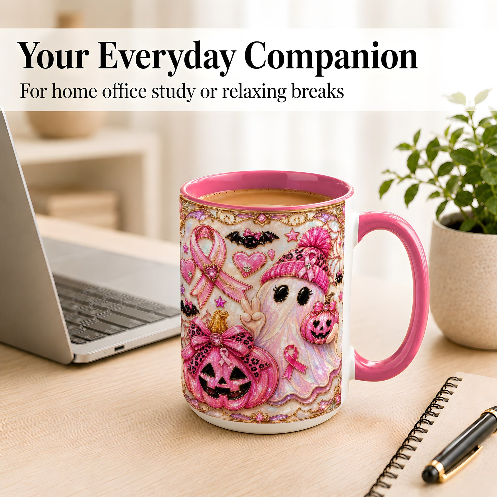 #pl[15oz|Pink] Pink Ribbon Ghost Coffee Mug, Halloween Awareness Mug, Ceramic Cup