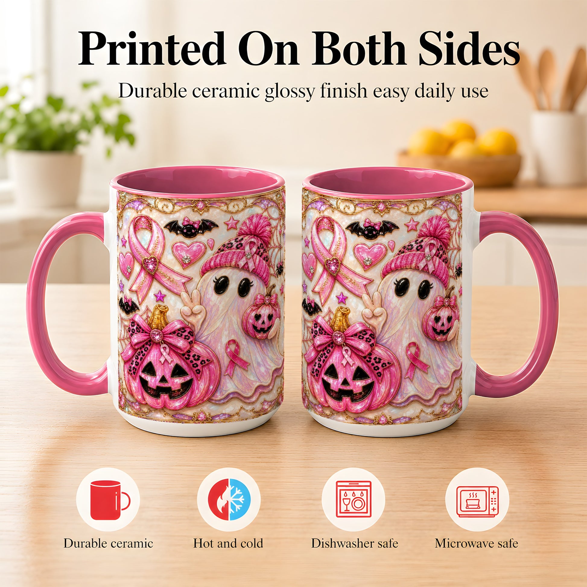 #pl[15oz|Pink] Pink Ribbon Ghost Coffee Mug, Halloween Awareness Mug, Ceramic Cup