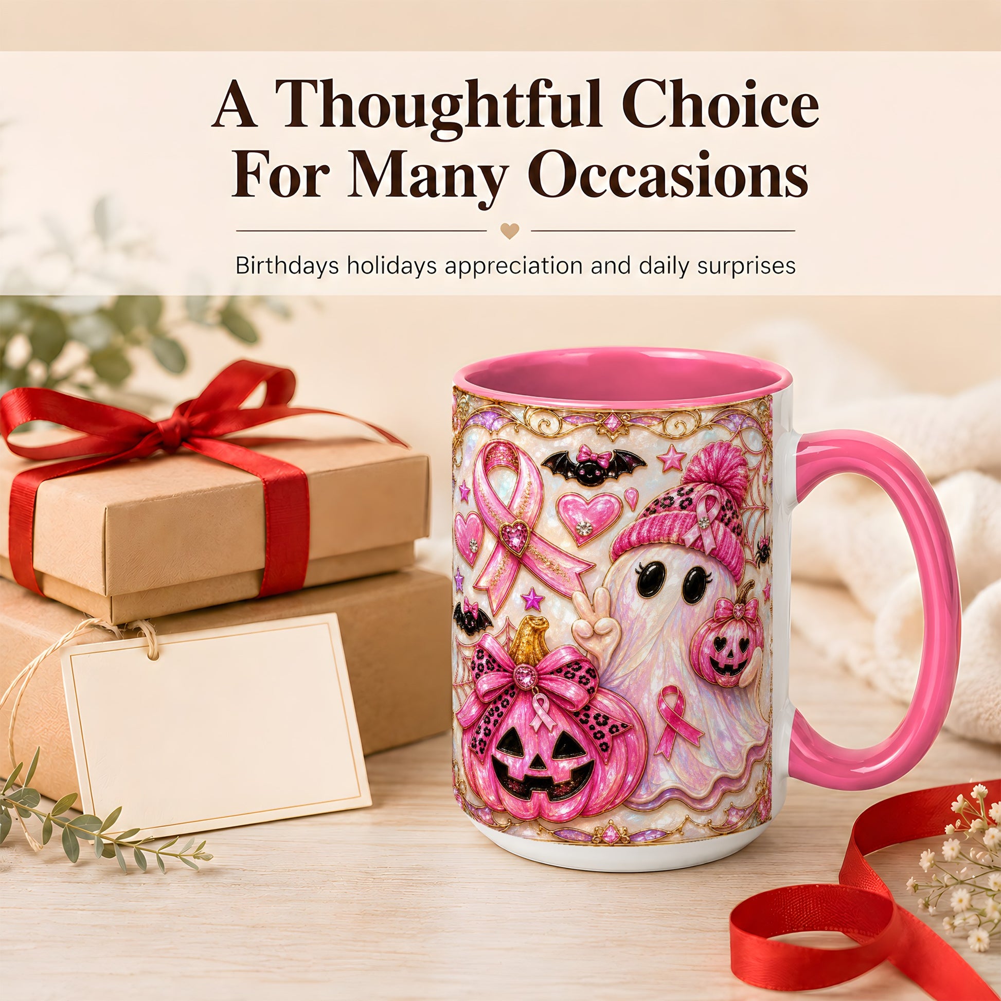 #pl[15oz|Pink] Pink Ribbon Ghost Coffee Mug, Halloween Awareness Mug, Ceramic Cup