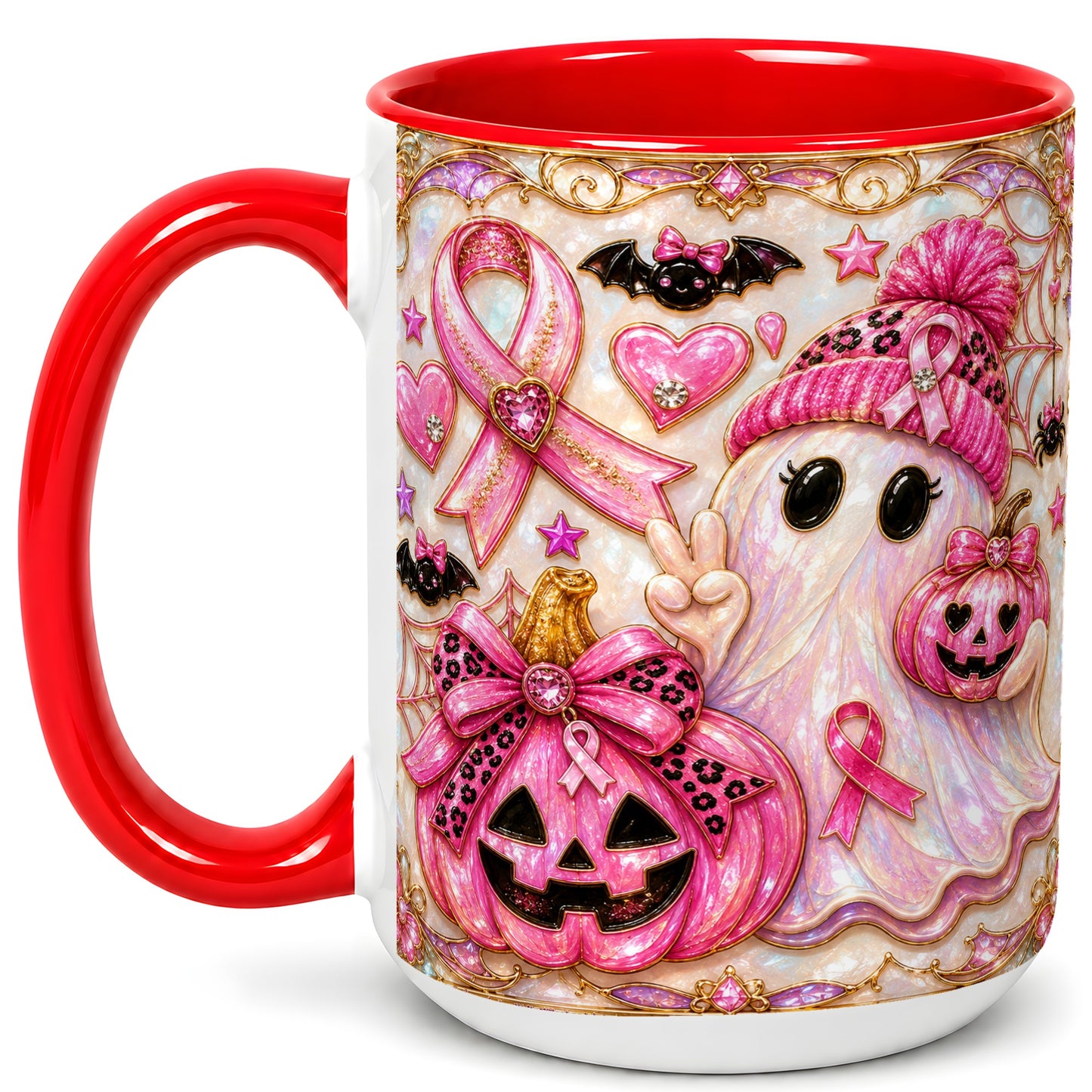 #pl[15oz|Red] Pink Ribbon Ghost Coffee Mug, Halloween Awareness Mug, Ceramic Cup