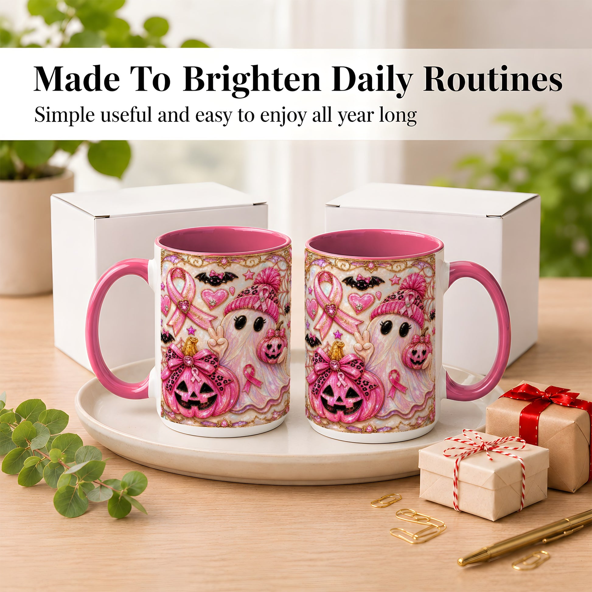 #pl[15oz|Pink] Pink Ribbon Ghost Coffee Mug, Halloween Awareness Mug, Ceramic Cup