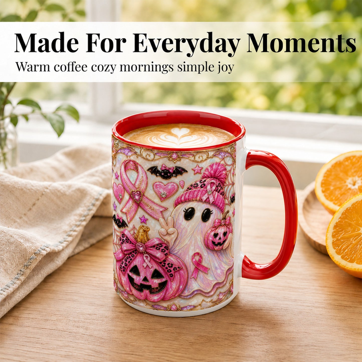 #pl[15oz|Red] Pink Ribbon Ghost Coffee Mug, Halloween Awareness Mug, Ceramic Cup