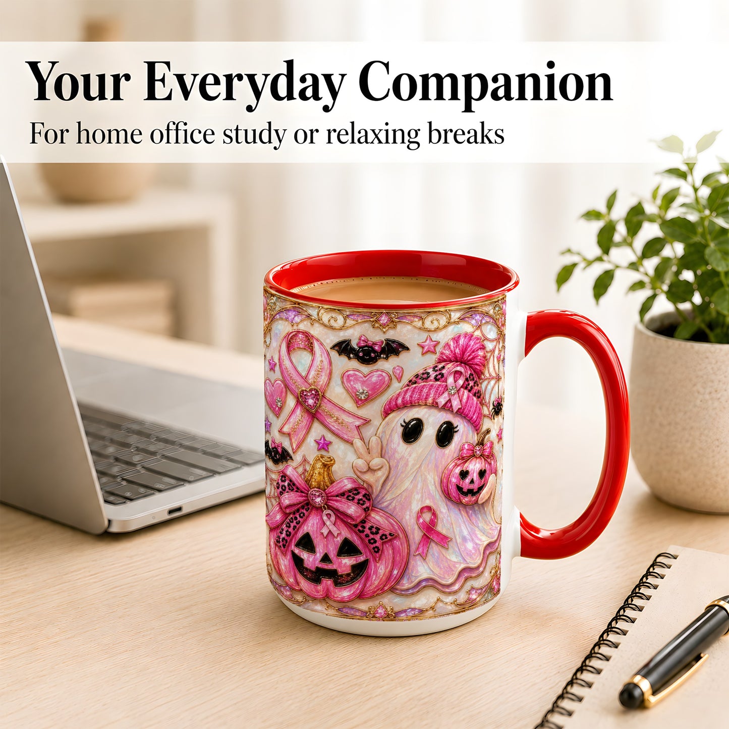 #pl[15oz|Red] Pink Ribbon Ghost Coffee Mug, Halloween Awareness Mug, Ceramic Cup