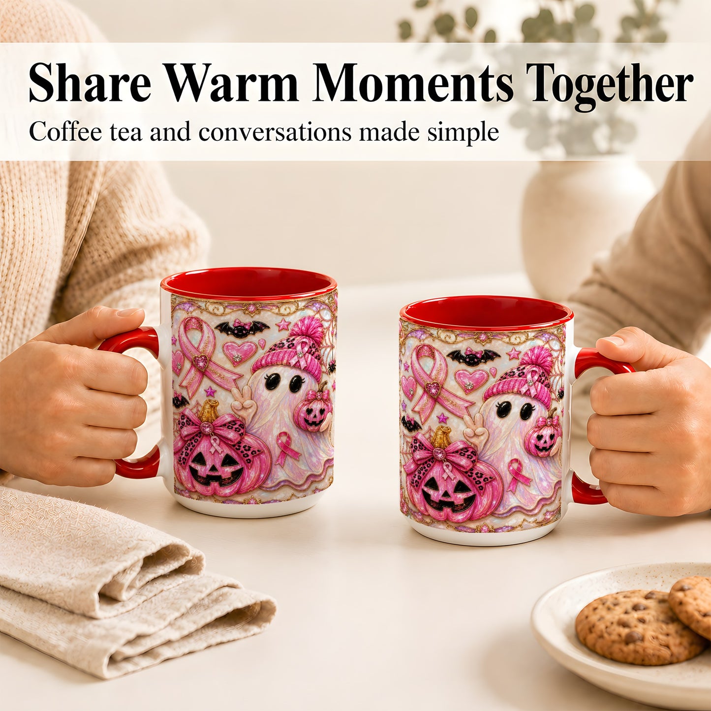 #pl[15oz|Red] Pink Ribbon Ghost Coffee Mug, Halloween Awareness Mug, Ceramic Cup