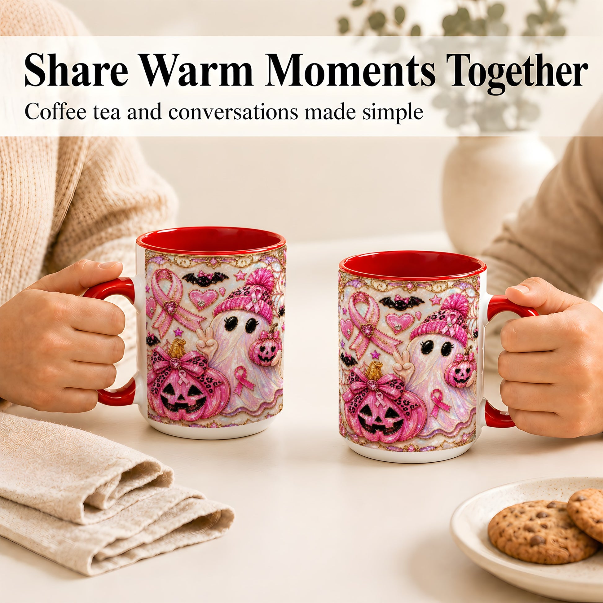 #pl[15oz|Red] Pink Ribbon Ghost Coffee Mug, Halloween Awareness Mug, Ceramic Cup