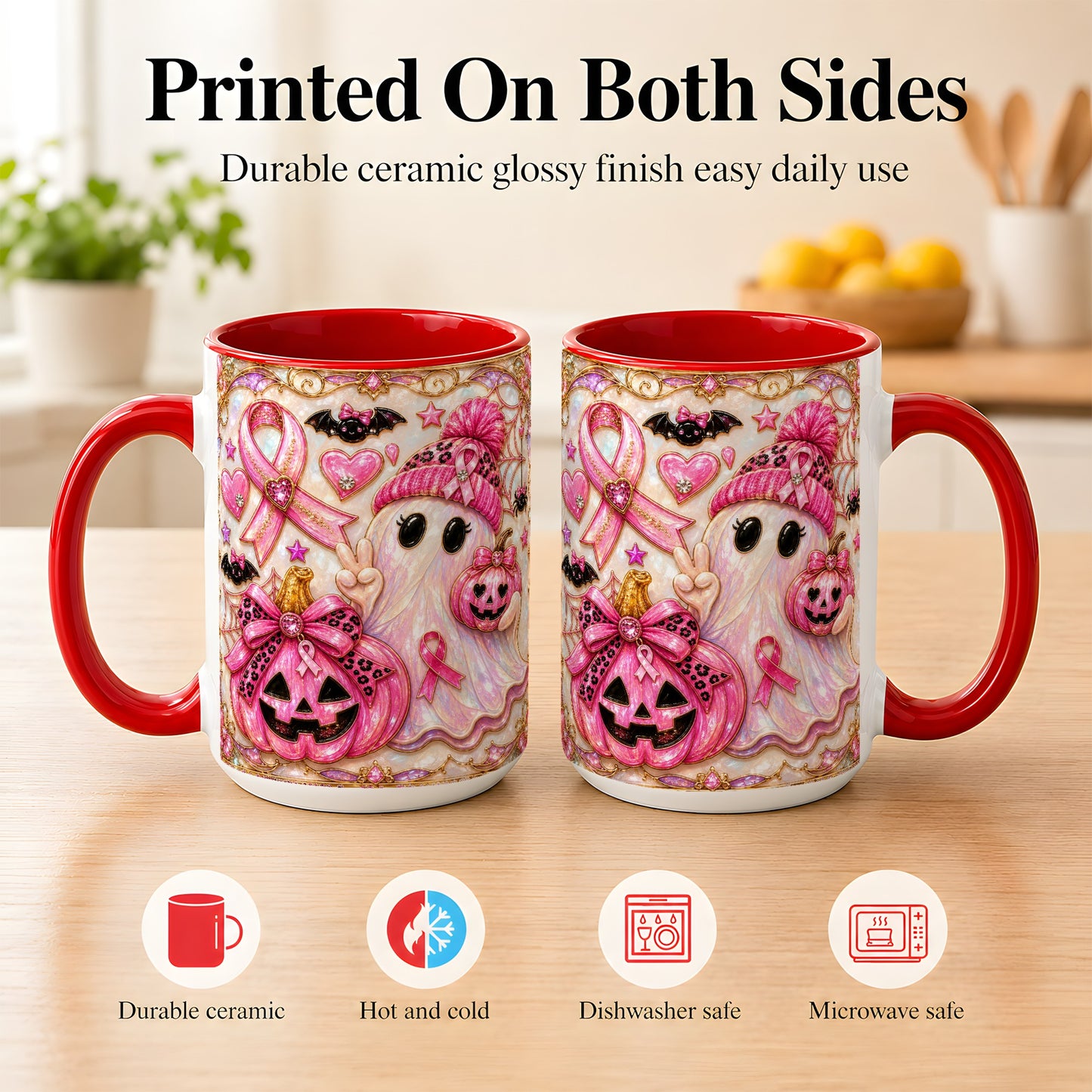 #pl[15oz|Red] Pink Ribbon Ghost Coffee Mug, Halloween Awareness Mug, Ceramic Cup