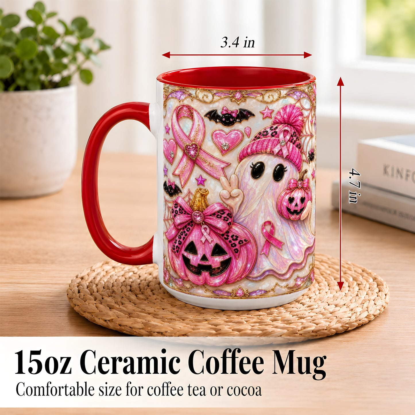 #pl[15oz|Red] Pink Ribbon Ghost Coffee Mug, Halloween Awareness Mug, Ceramic Cup