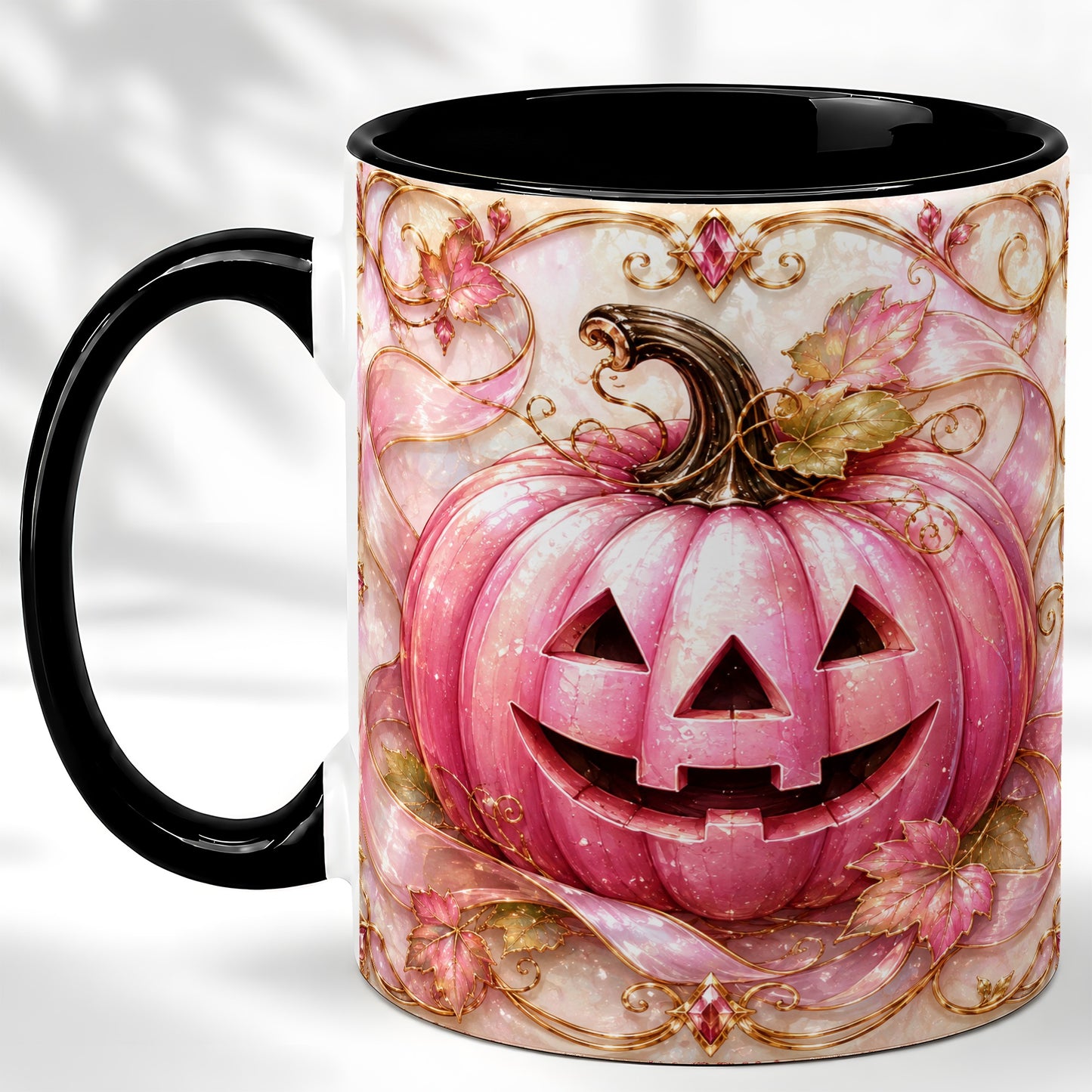 #pl[11oz|Black] Pink Pumpkin Coffee Mug, Halloween Jack O Lantern Mug, Ceramic Cup