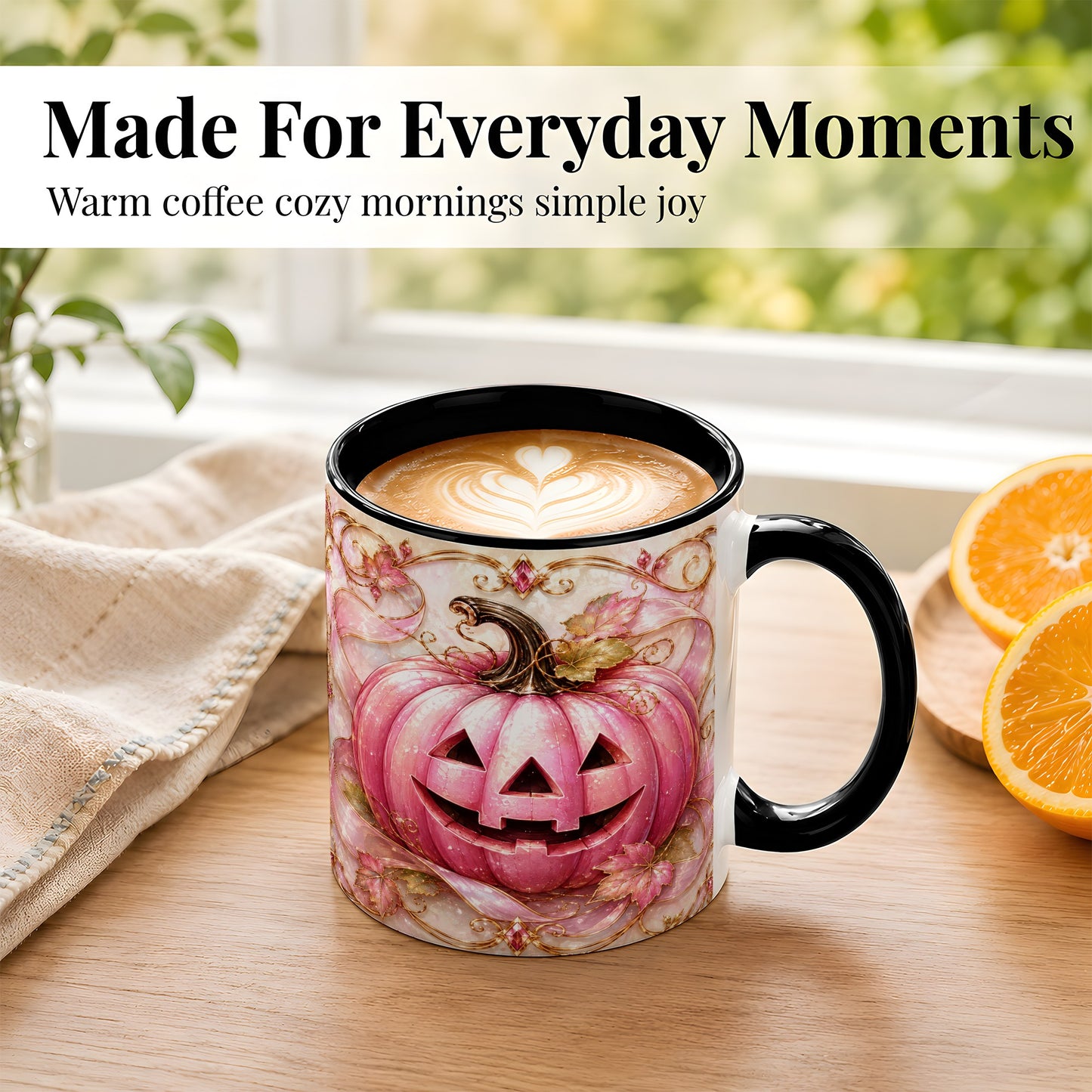 #pl[11oz|Black] Pink Pumpkin Coffee Mug, Halloween Jack O Lantern Mug, Ceramic Cup